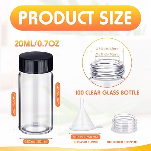 Miniatura 9 de Ziliny Paquete de 220 frascos de vidrio de 0.7 fl oz (0.7 fl oz), botellas vacías transparentes con tapa de rosca, tapones de plástico, cuñas y mini