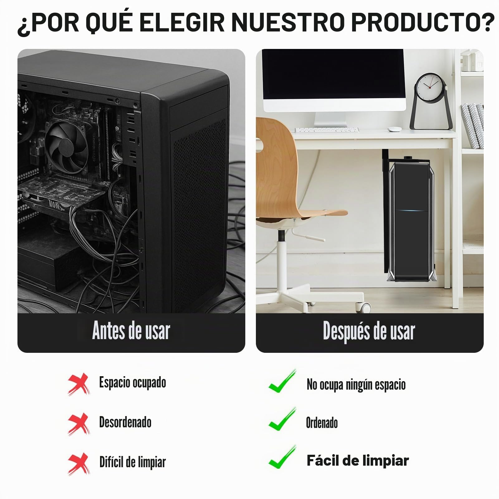 Soporte PC Ajustable bajo Escritorio & Pared, Soporte CPU Regulable en Altura hasta 54,5 cm, Capacidad 35 kg, Construcción de Acero Robusto, Ahorro de Espacio para Oficina & Gaming