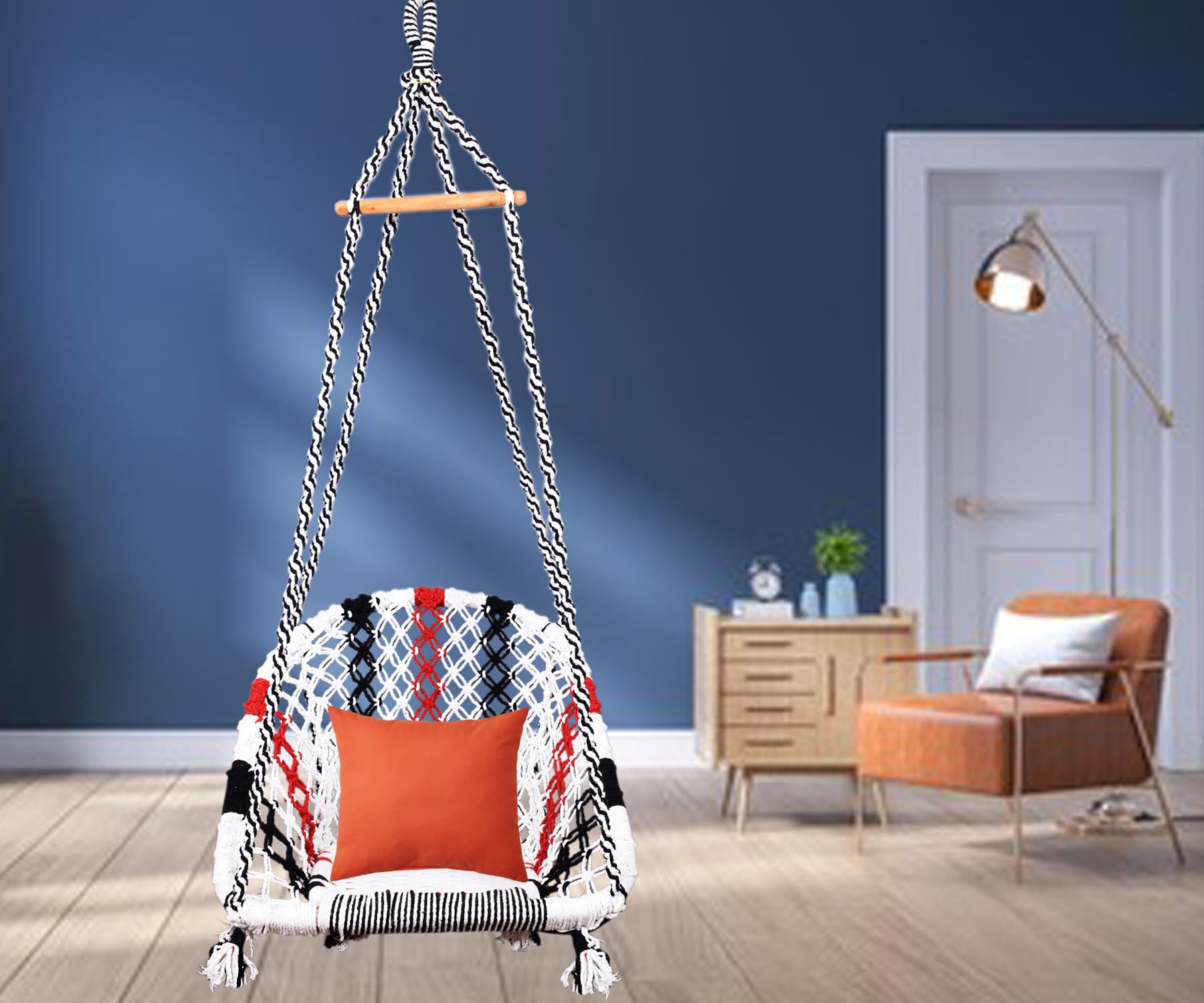 Macrame Cotton Swing Chair with Cushion, Indoor Outdoor Hanging Chair, White with Black and Red Pattern, 65×70×150 cm-image-35