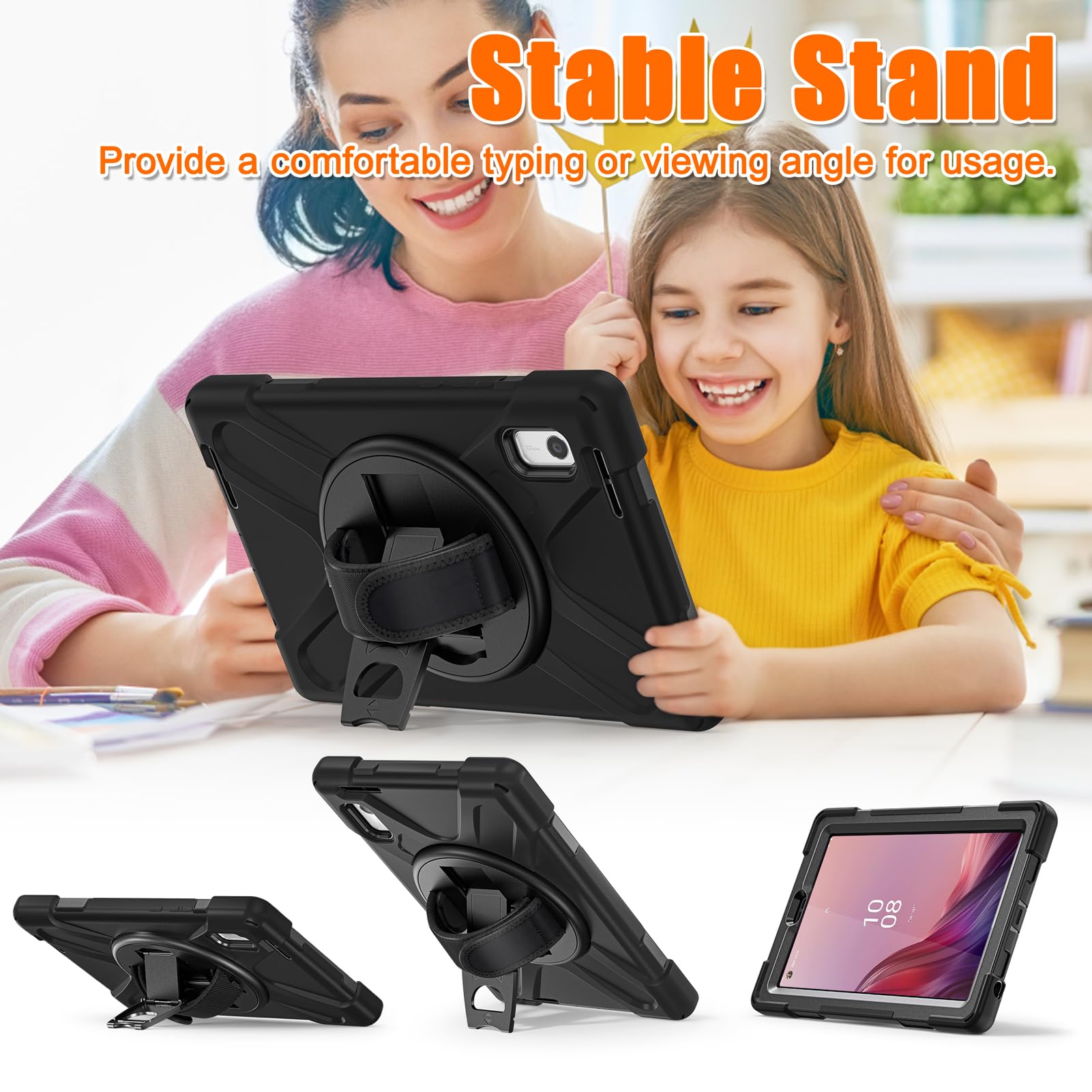 SEYMAC Custodia per Lenovo Tab M9 9 2024 2023 con pellicola protettiva, custodia antiurto con cinghia da polso/supporto girevole a 360°, tracolla per Lenovo M9 TB-310FU, nera
