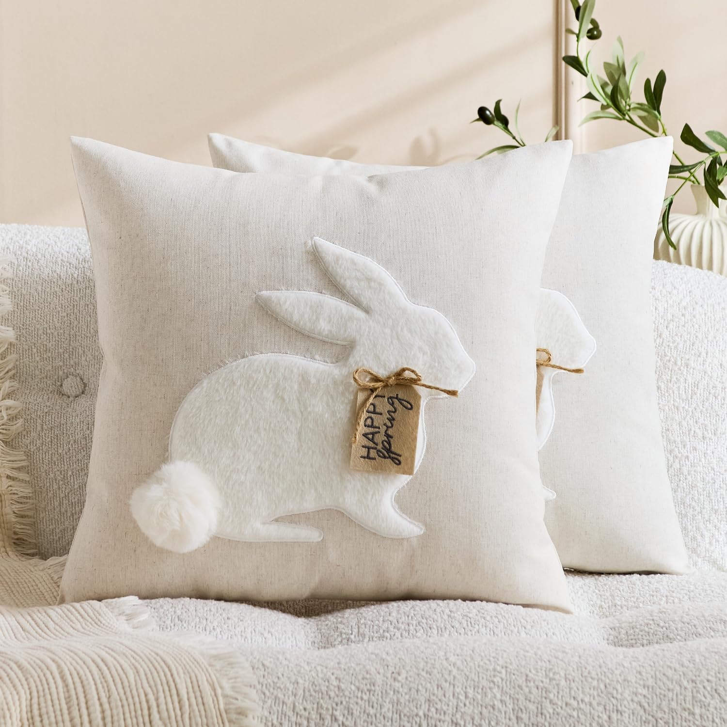 Pack of 2 Easter Throw Pillow Covers 18x18 Inch Embroidered Bunny Spring Decor Soft Living Room Easter Decorative Pillow Cases (Happy Spring, 18" x 18" (Pack of 2))