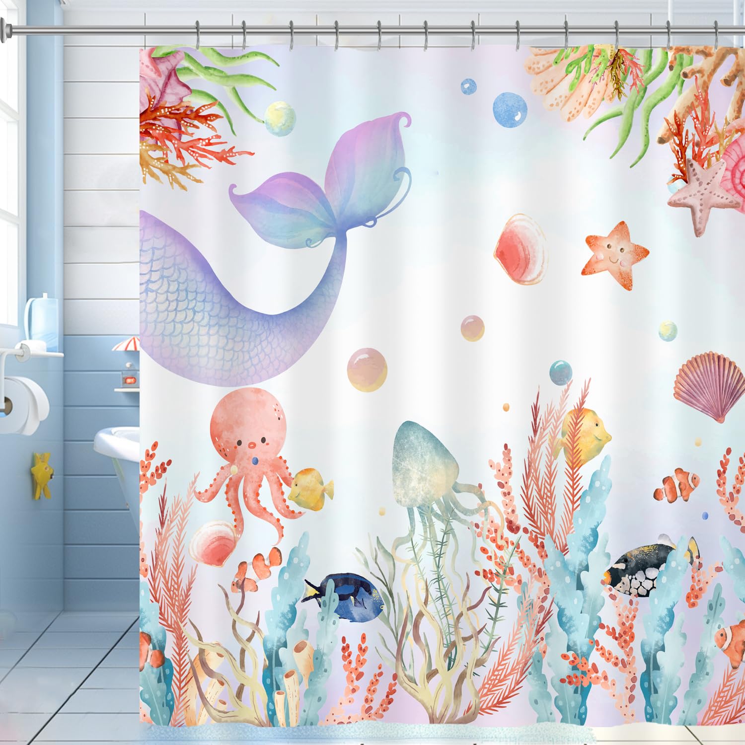 Amazon.com: Cute Ocean Mermaid Shower Curtain Sea Octopus Jellyfish ...