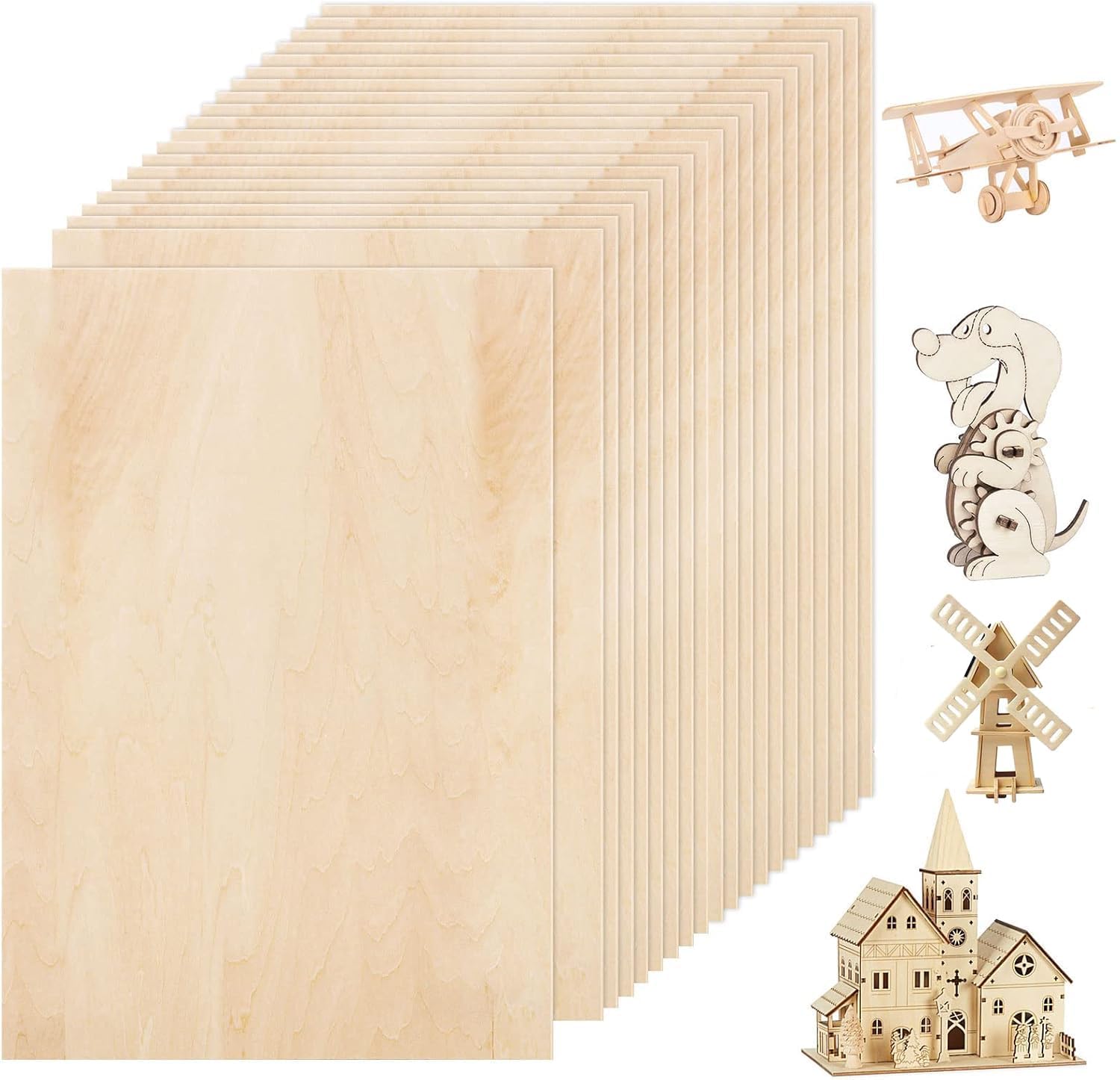 ASelected Zestaw 20 arkuszy płyty z naturalnego drewna, 300 × 200 × 2 mm arkusze drewna, cienkie drewno do samodzielnego wykonania wzorów i farb