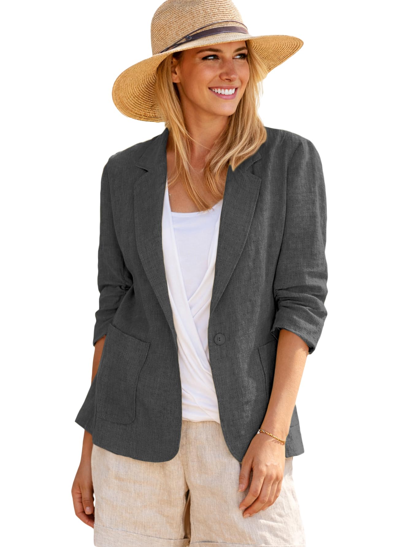 Mina Self 2026 Summer Women’s Linen Blazer Jacket - Lightweight Breathable 3/4 Stretchy Ruched Sleeve Casual Work with Pocket