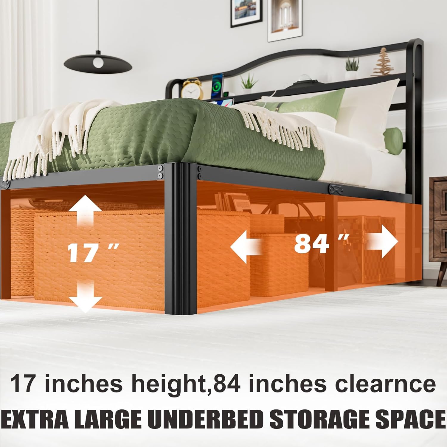 Twin Size Bed Frame with Storage &Charging Station 18 Inch Tall Bed Frames Headboard with Galaxy Aurora Star Projector Heavy Duty Bed Frame No Box Spring Needed (18 Inch, Twin)