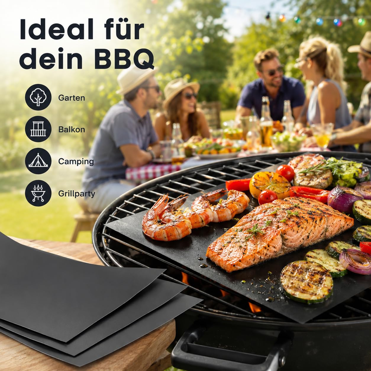BBQROX maty do grillowania, zestaw 3 szt. (50 x 40 cm do 300°C), zwycięzca porównania 2024, do grilla gazowego, grilla elektrycznego i piekarnika, wielokrotnego użytku, nieprzywierająca podkładka do