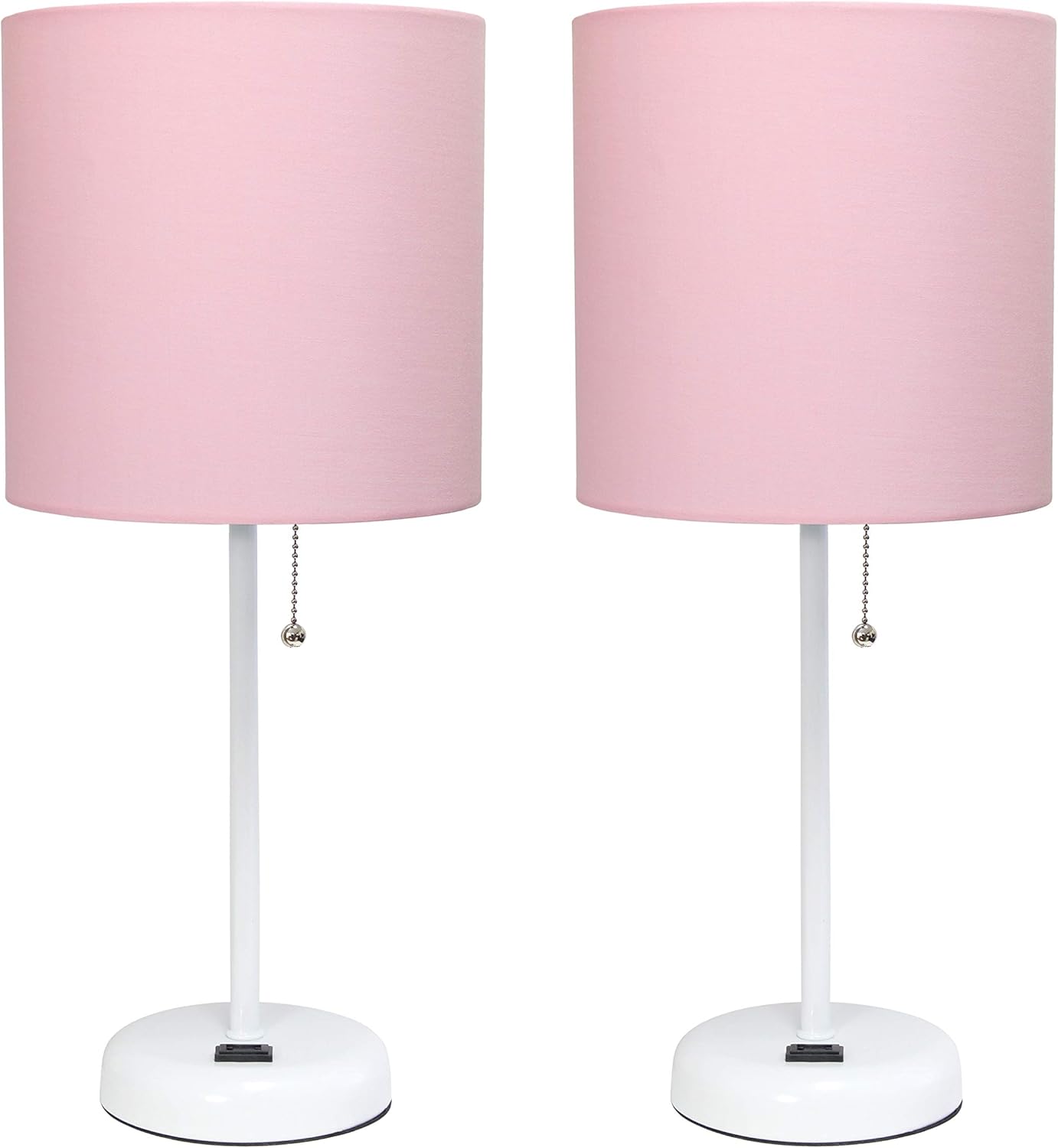 Simple Designs LC2001-POW-2PK White Stick Table Lamp Set with Charging Outlet and Light Pink Fabric Shades, 2 Pack Set
