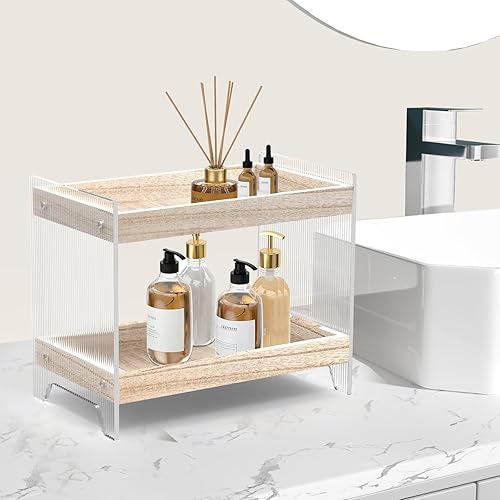 Miniatura 5 de Organizador de encimera de baño, 2 niveles de madera, organizador de encimera de baño, estante de almacenamiento de acrílico para almacenamiento de