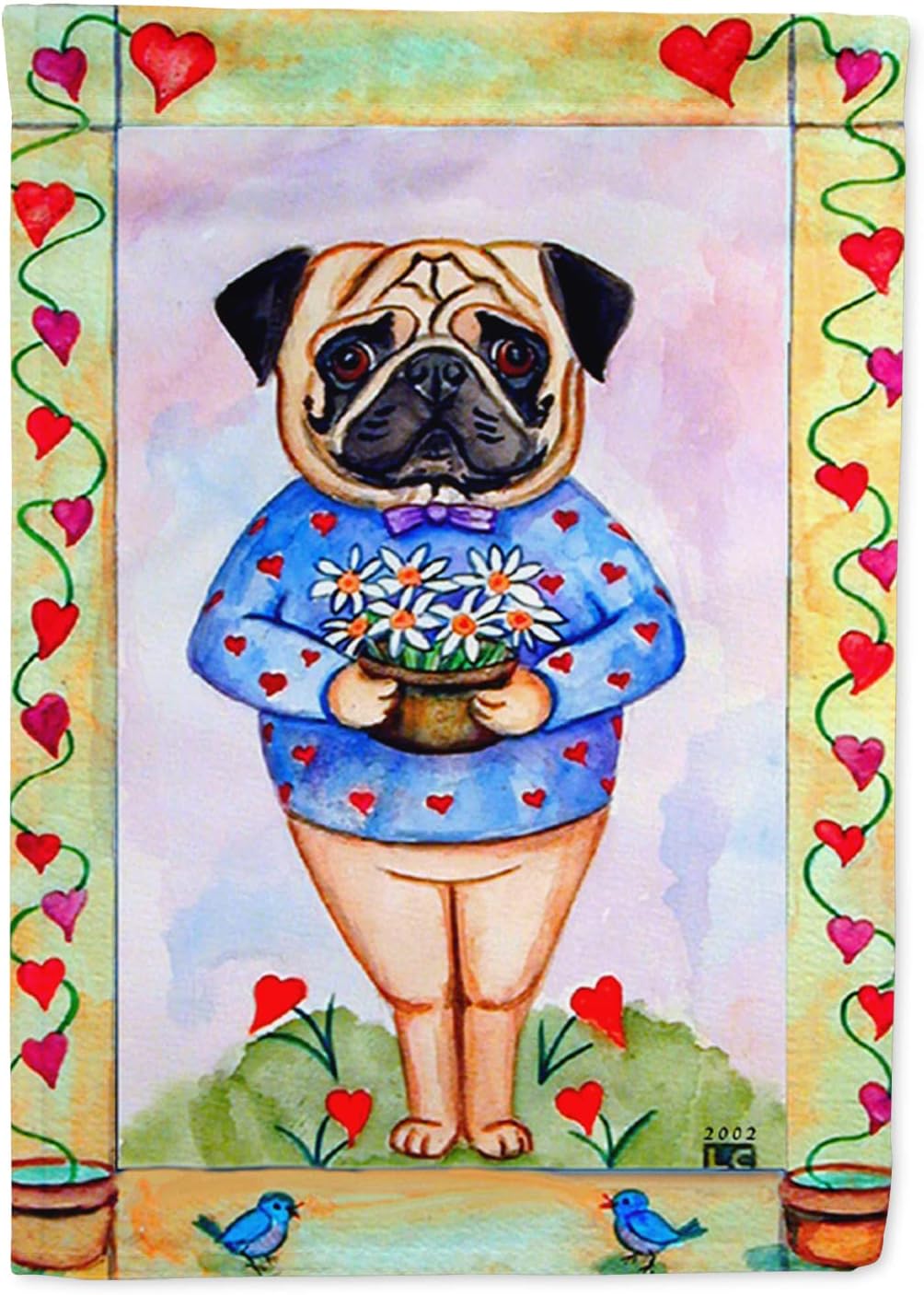 Caroline's Treasures 7132CHF Pug Valentine's Hearts House Flag Large Porch Sleeve Pole Decorative Outside Yard Banner Artwork Wall Hanging, Polyester, House Size, Multicolor