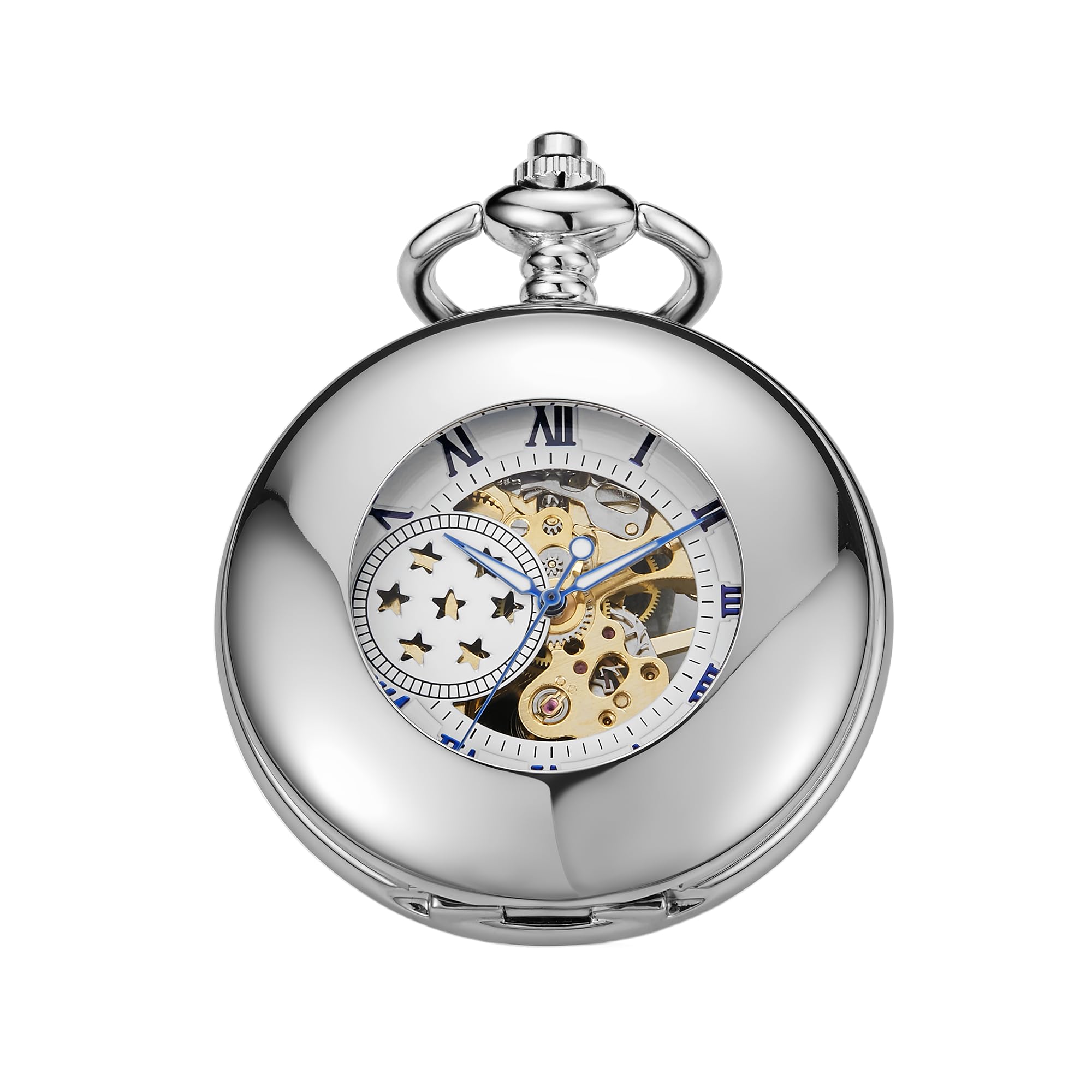 Orologio da tasca meccanico classico, in argento, con numeri romani, orologio da tasca in argento con scatola a catena, per uomo