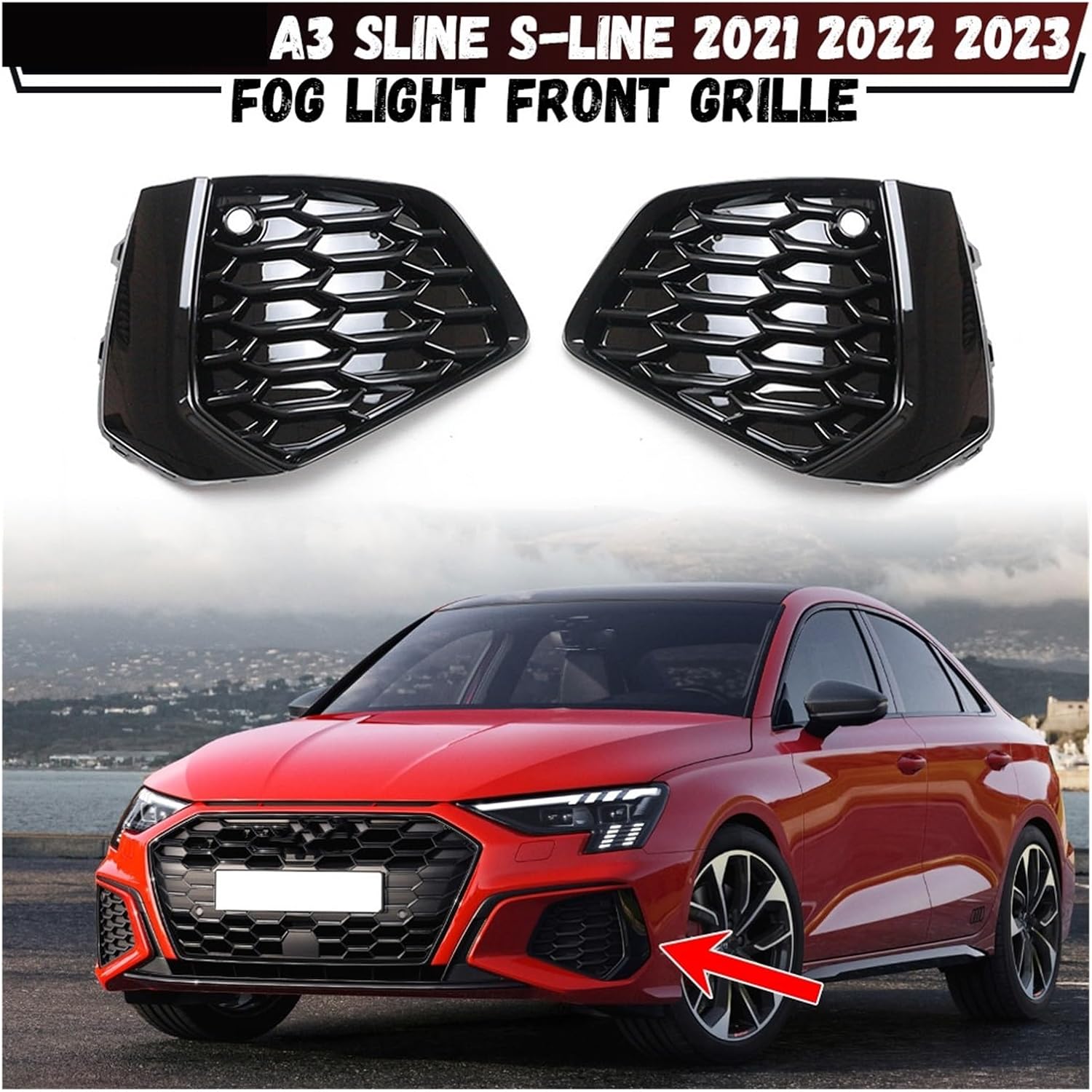 LINGYUE Car Front Bumper Fog Light Lower Grille Grill Cover Fit For Audi A3 S-line 2021 2022 2023 8YG807671A 8YG807672A(Black Right)