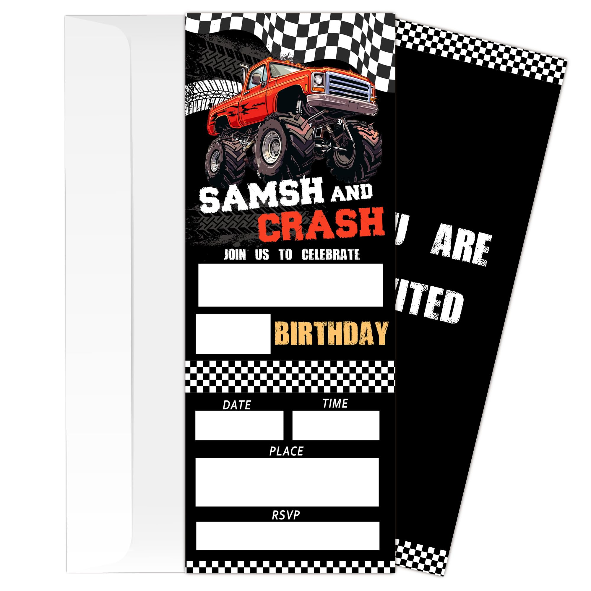 MXLINSW Truck Birthday Invitation, Truck Theme Party Invitations with Envelopes, 3x8 Race Car Fill In Birthday Invite for Boys Girls Teens, Double