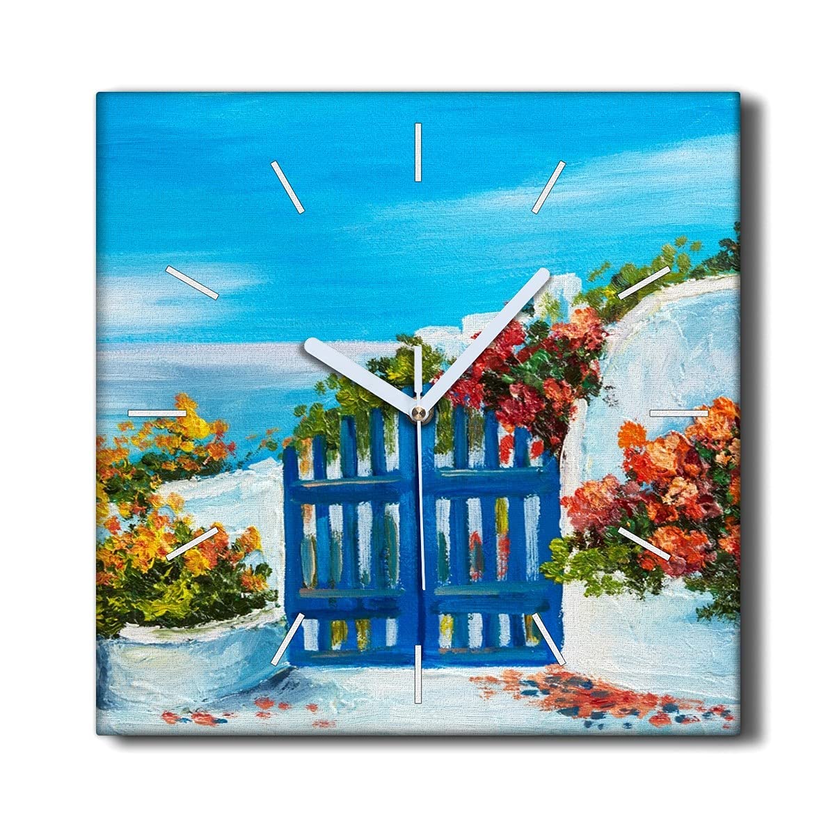 Horloge sur toile 30x30cm mer fleurs - Décoration murale moderne et silencieuse