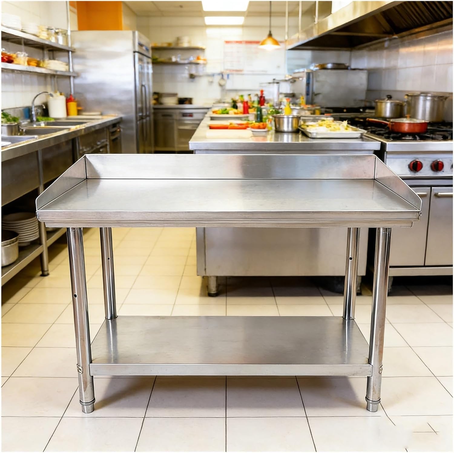 Double-Tier Stainless Steel Workbench with Splash Guard Work Table Reinforced Corner Supports Height-Adjustable Shelves Screw Guard Design Adjustable Legs and Cross-Beam Reinforcement