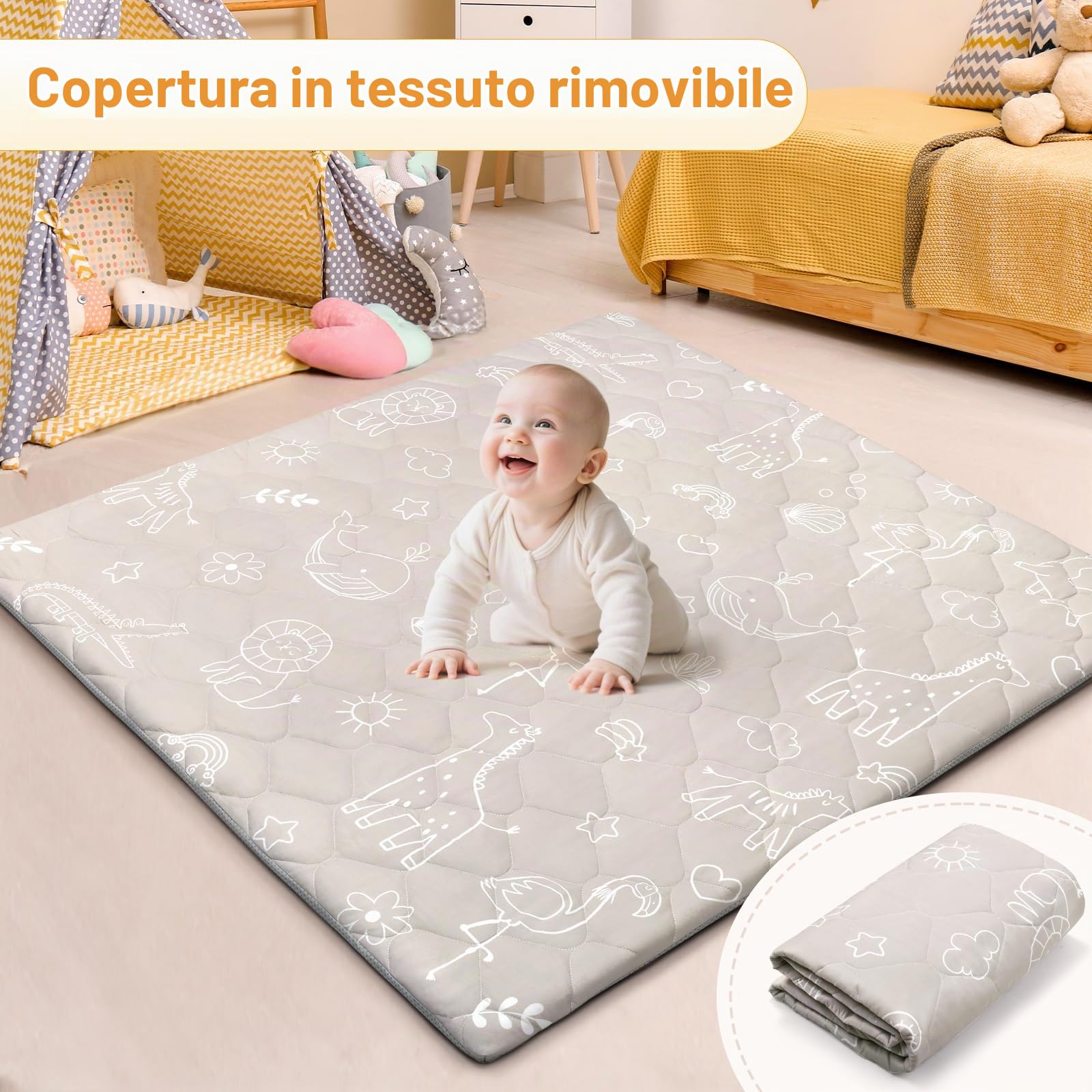 decalsweet Tappeto Gioco Bambini 127×127cm Rimovibile, Addensato 2cm Tappeto Gioco Neonato, Antiscivolo Pieghevole Tappeto Cameretta Bambina Bambino, Tappeto Tummy Time Neonati (Animali Stilizzati)