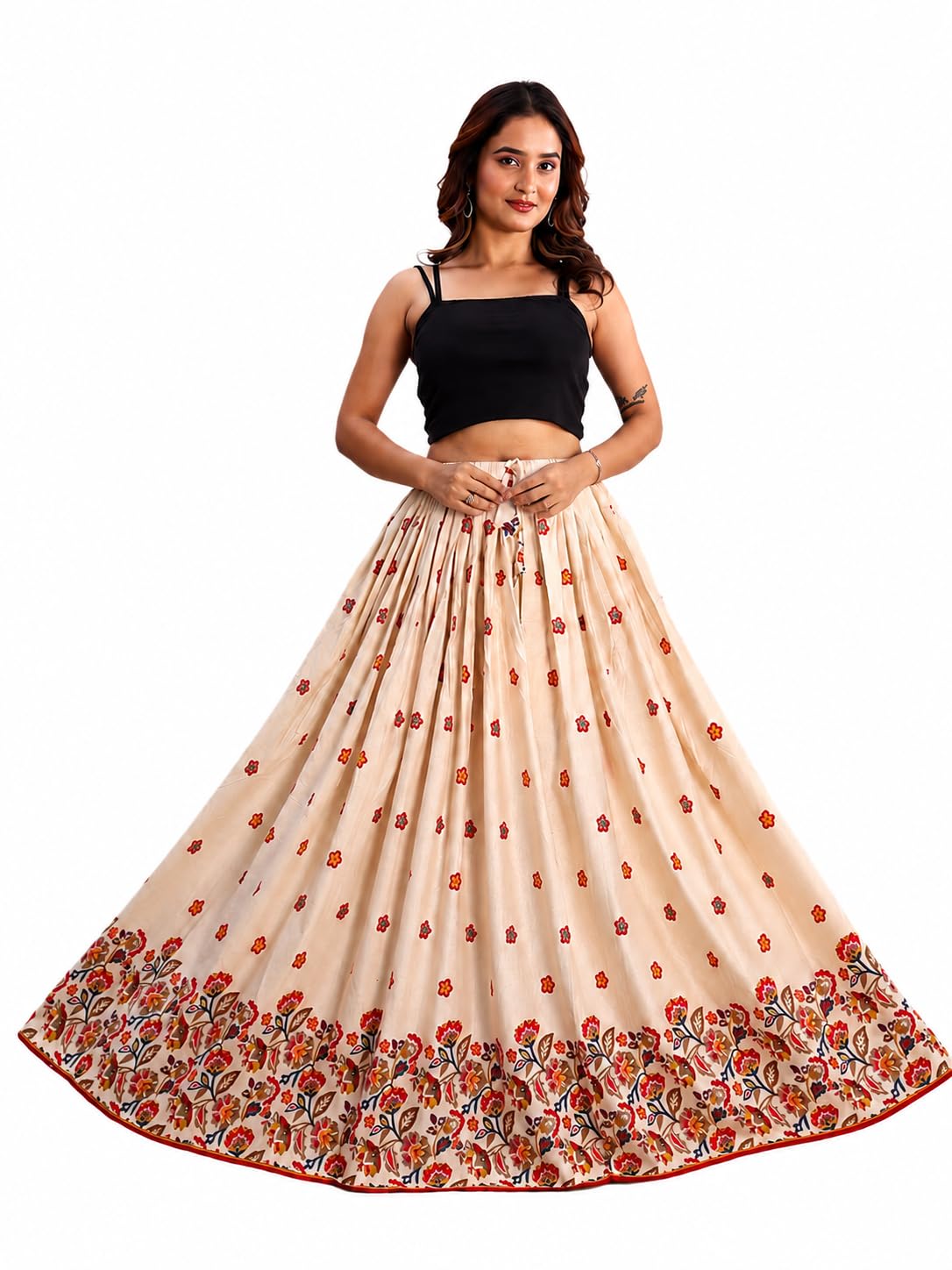 Floral Printed Cotton Flared Silhouette Skirt with Drawstring Waist | Lightweight Soft Fabric | Casual & Festive Style Maxi Skirt | Ethnic Wear | Contrast Border Hem | Free Size-image-43