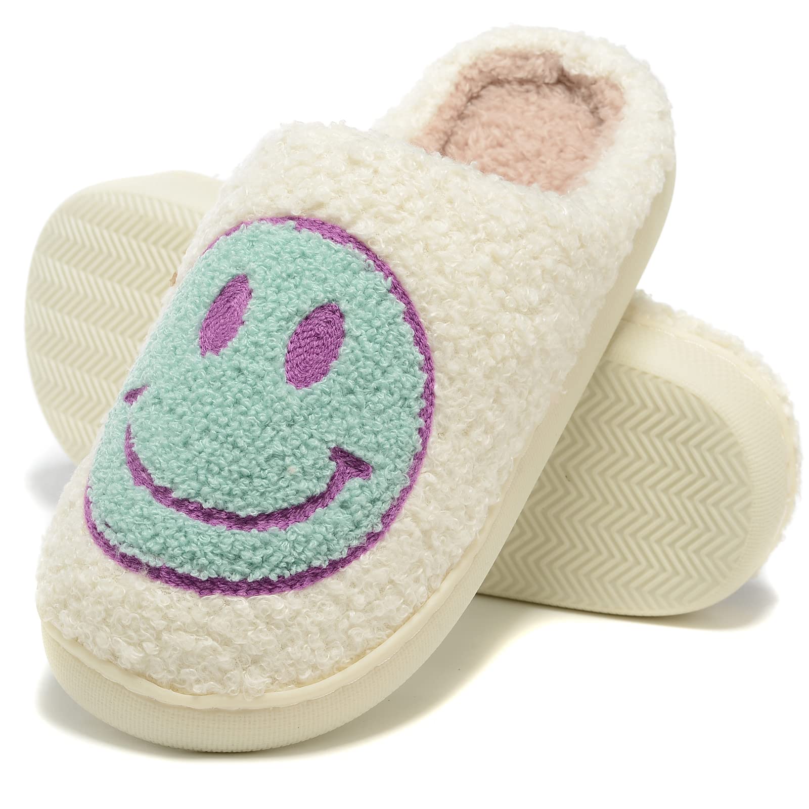 Retro Fuzzy Face Slippers for Women Men, Retro Soft Fluffy Warm Home Non-Slip Couple Style Casual Smiley Face Slippers Indoor Outdoor Anti-Skid Warm Cozy Foam Slide Fuzzy Slides with Soft Memory Foam Shoes