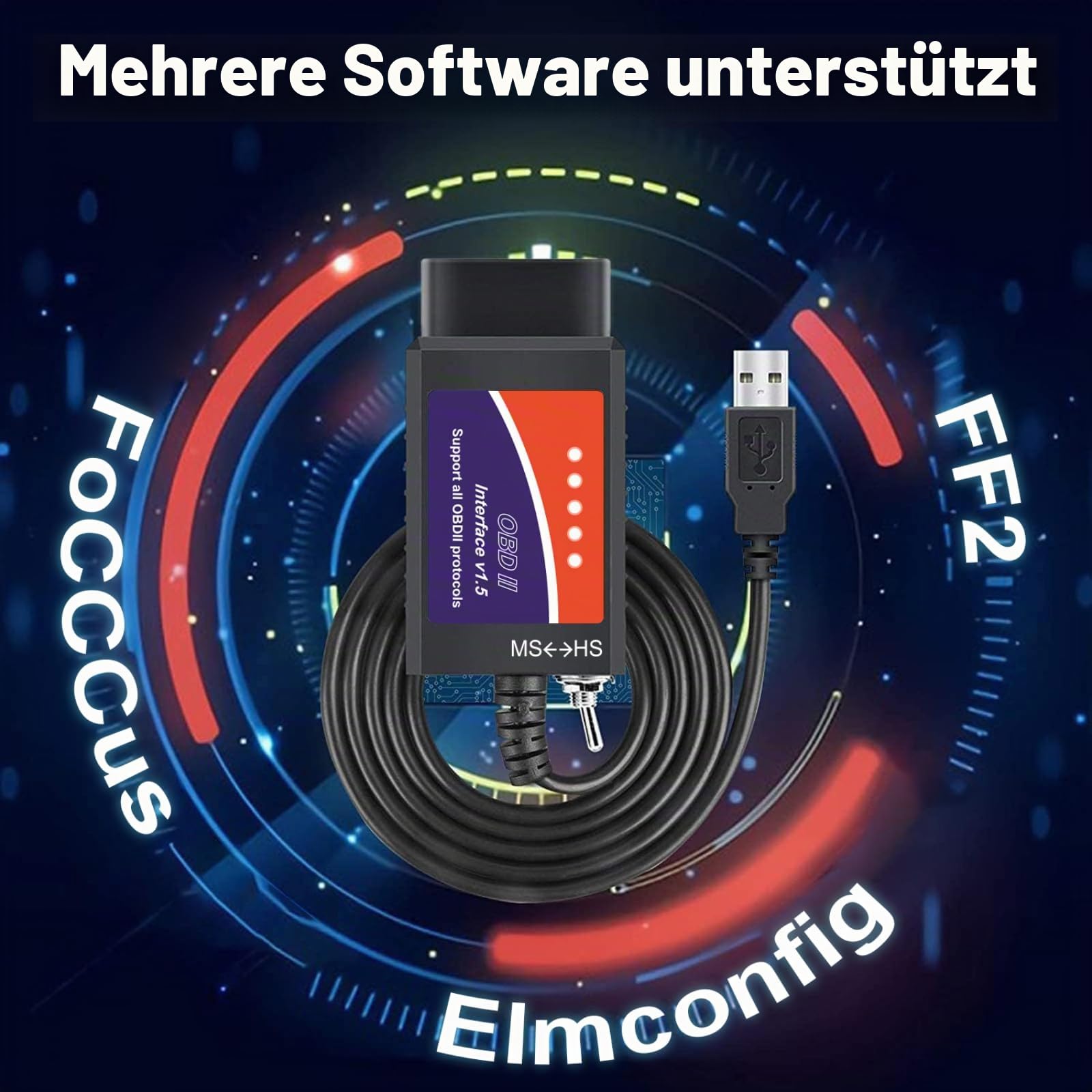 Forscan ELMconfig OBD2 Adapter, OBDII USB Diagnose-Scan-Tool, USB Scanner mit MS-CAN/HS-CAN Schalter, Professionelles OBDII Diagnose Scan Tool für Ford und Mazda