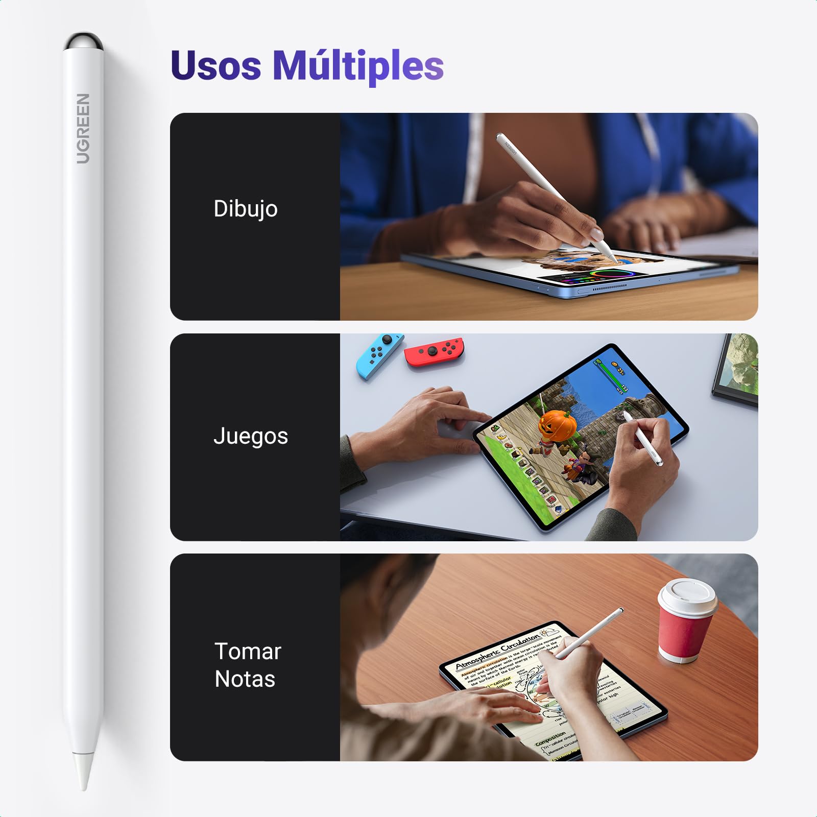 UGREEN Lápiz para iPad Carga Inalámbrica, Pencil Magnético para Tableta con Rechazo de Palma y Sensible a La Inclinación Compatible con Pro 12.9/11" 2018-2022/Air 4/5/10/Mini 6