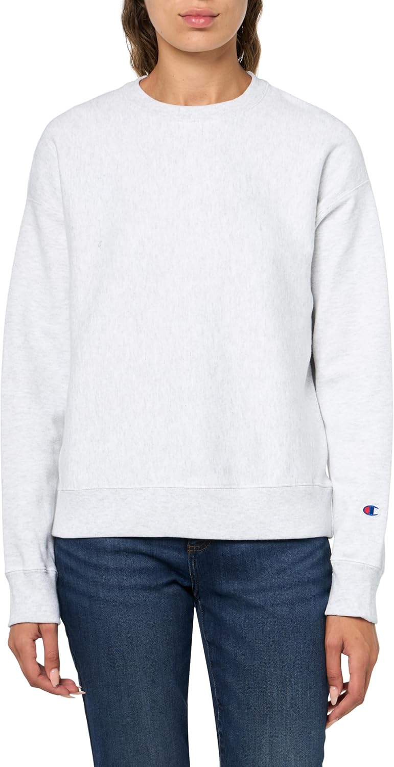 Champion Crewneck, Reverse Weave Pullover Sweatshirt for Women, Silver Grey