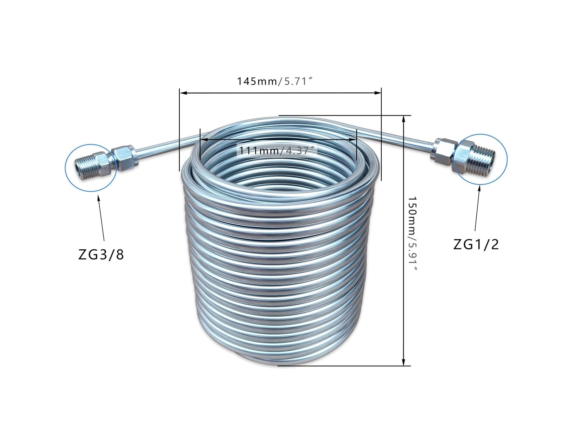 Enfriador de Mosto y Agua for Cerveza de Doble Capa, serpentín de enfriamiento de 14 m de Longitud, Acero Inoxidable 304 de Grado alimenticio, Conector de 3/8" y 1/2" Uso Multifuncional