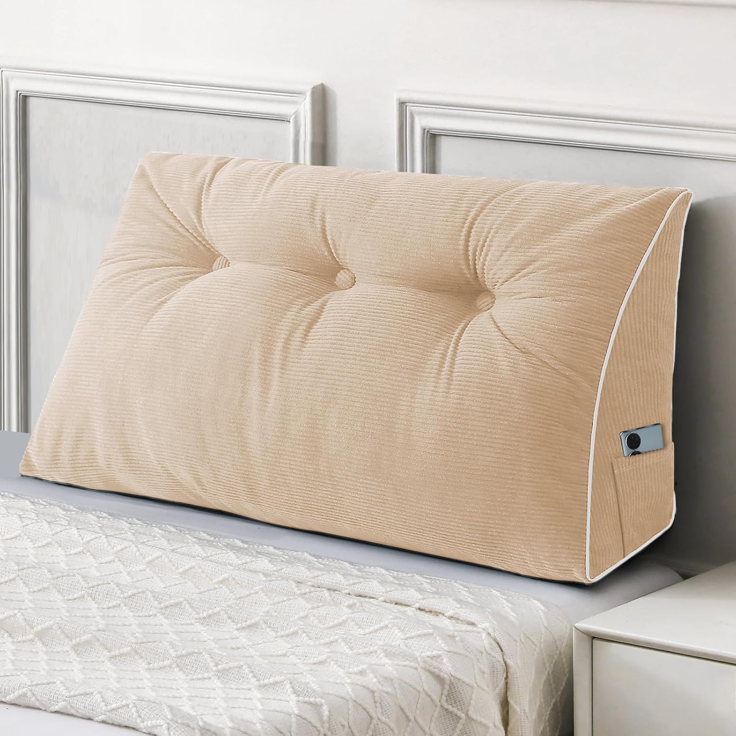 Sasttie Headboard Pillow Twin/Twin XL, Wedge Pillow Headboard for Dorm, Triangular Daybed Backrest Cushion for Sitting or Reading in Bed, with Removable Washable Cover, Beige