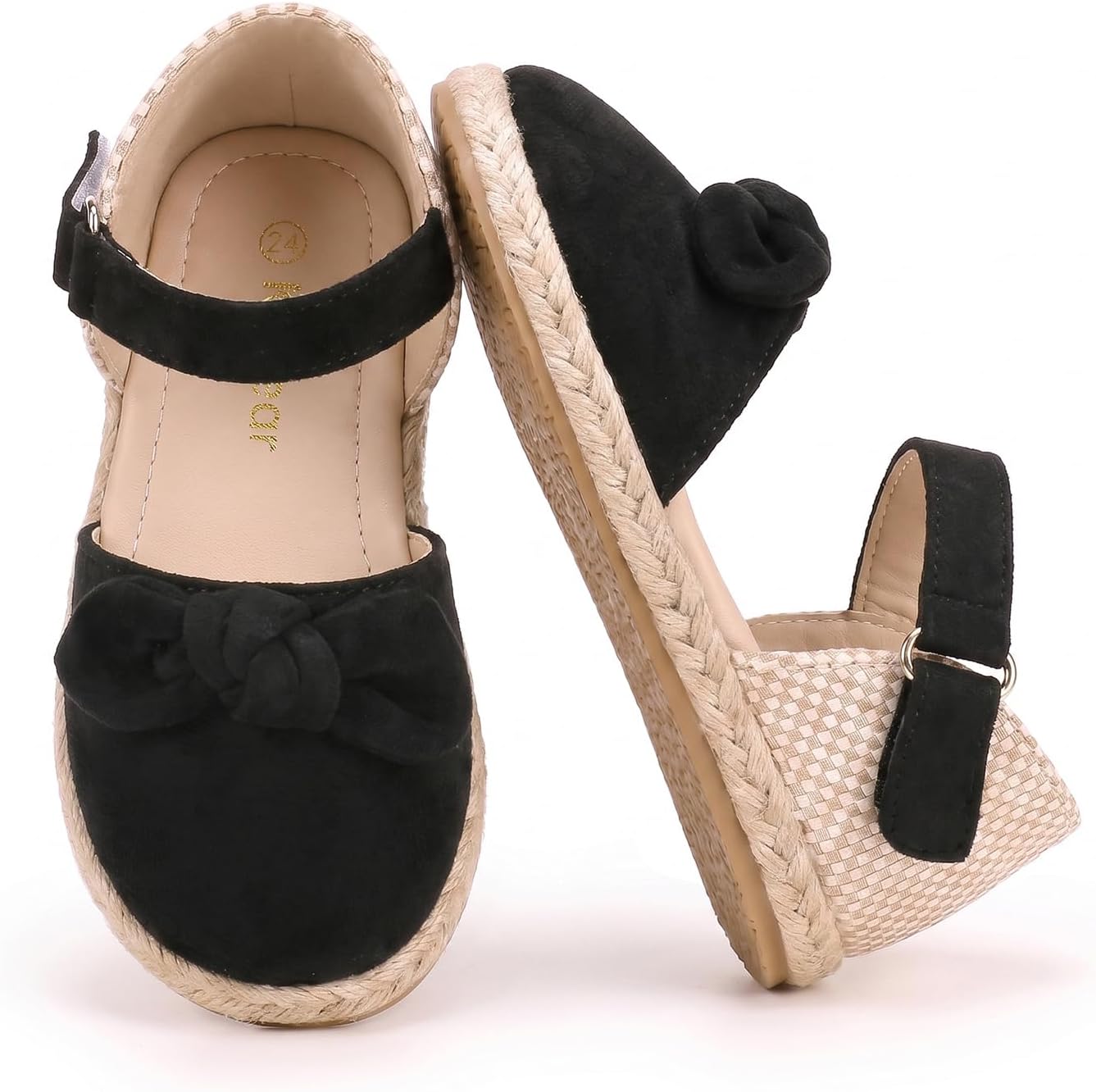 Kebear Toddler Girl Sandals Baby Shoes Closed Toe Dress Mary Jane Flats | Little Kid Summer Straw Platform Footwear, Cute Bow, Adjustable Velcro, Non-Slip Sole for School,Party,Wedding,Daily, Brown