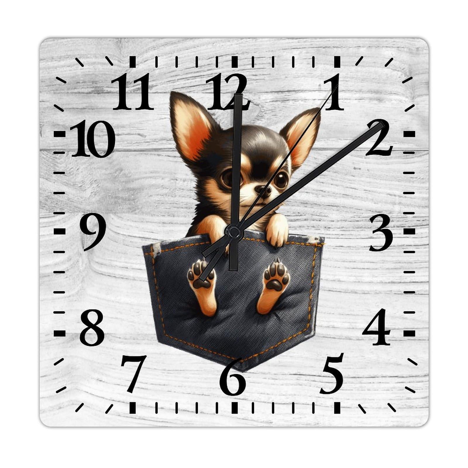Horloge murale carrée en bois Chihuahua silencieuse sans tic-tac rétro 38 cm