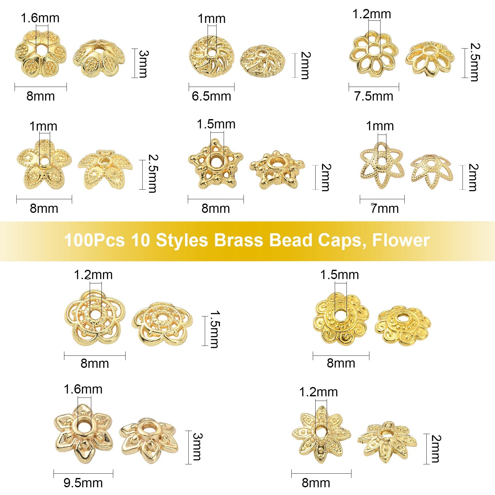UR URLIFEHALL 100 Pcs 10 Styles Hollow Flower Bead Caps Brass Floral Bead End Caps Spacer Beads for Jewellery Making DIY Craft Making - Image 2