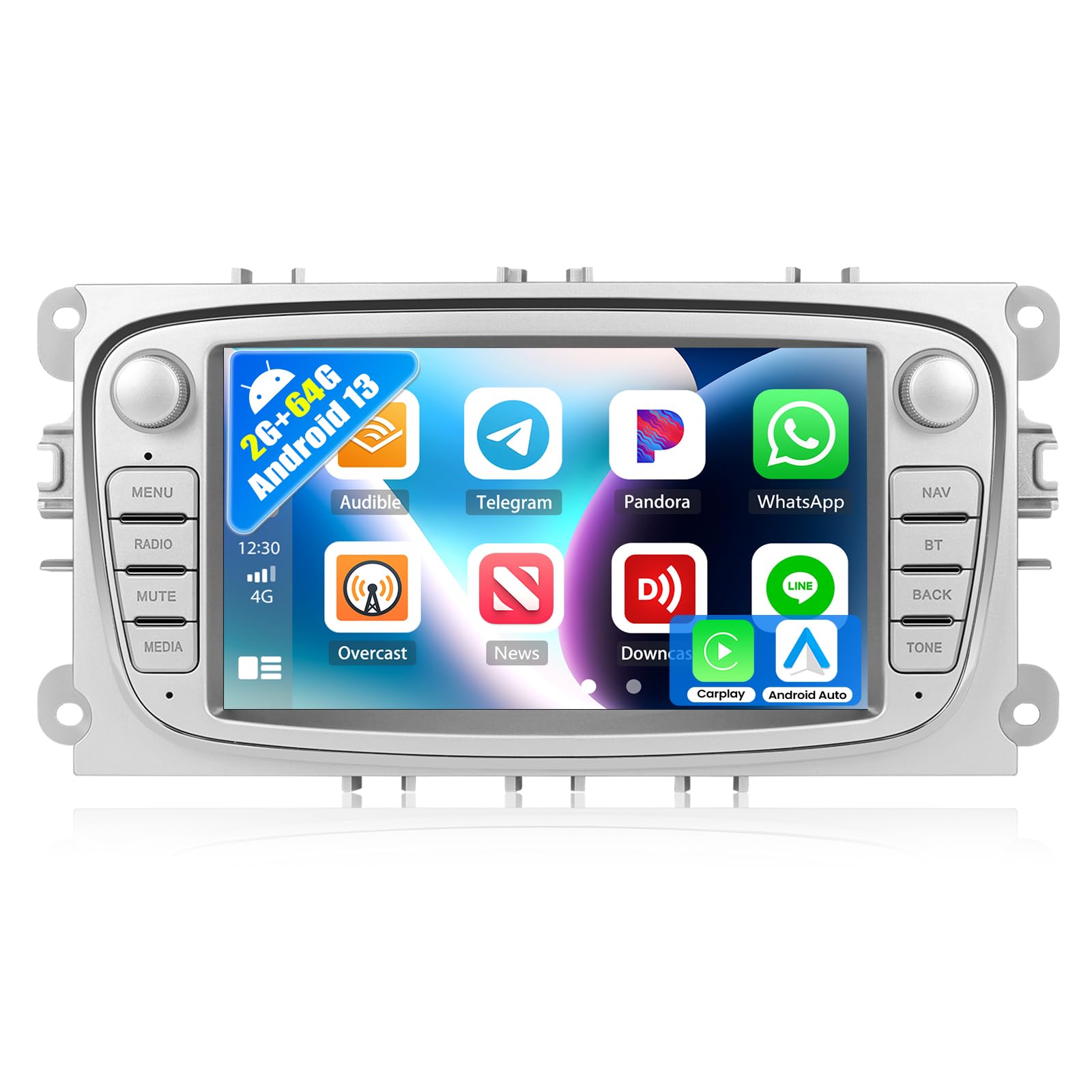 SIXWIN Radio samochodowe 2 + 64 G Android 13 do Ford Focus MK2 Mondeo Cmax Galaxy Smax Kuga z Carplay/Android Auto,7" ekran dotykowy z GPS, WiFi, Bluetooth, RDS FM (srebrne)