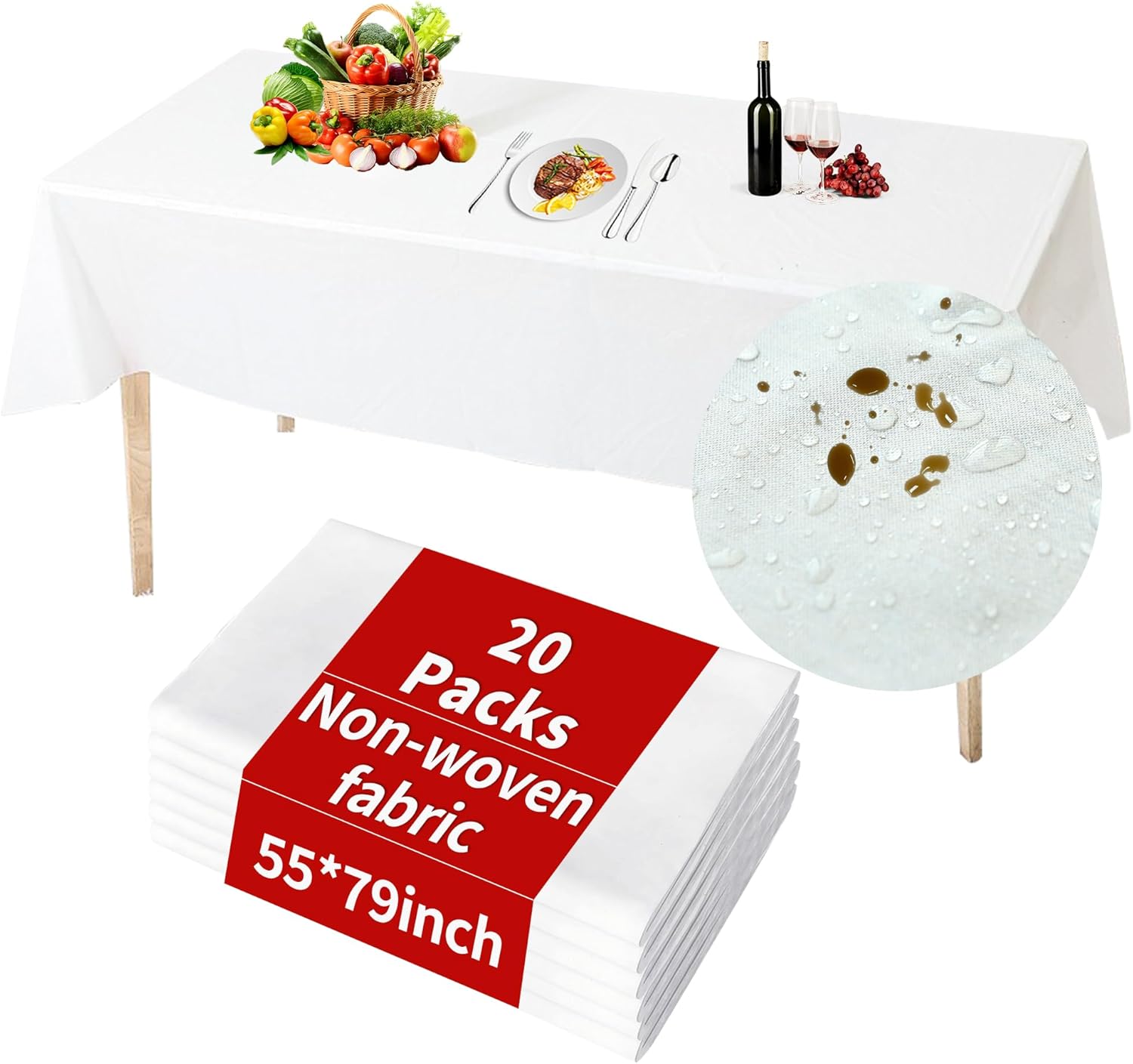 20 Packs White Tablecloth Rectangle,Disposable Tablecloths Waterproof Wrinkle Stain Resistant Easy to Clean,55x79 Inches Tablecloth for Party,Wedding,Banquets,Picnics,Camping and Outdoor Use 55*79inch