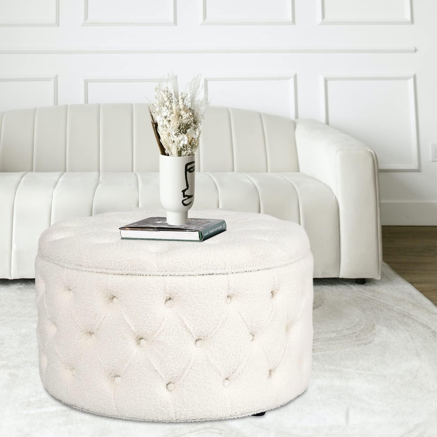 Homebeez 28 Inch Faux Fur Round Storage Ottoman, Button Tufted Footrest Stool Bench Coffee Table for Living Room,White