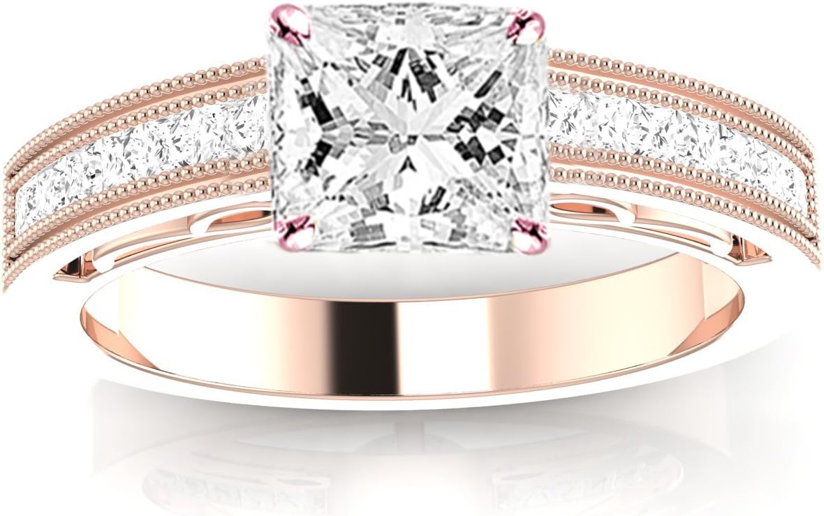 Houston Diamond District 2 Carat Channel Set Princess Cut Diamond Engagement Ring with Milgrain with a 1.6 Carat Moissanite Center