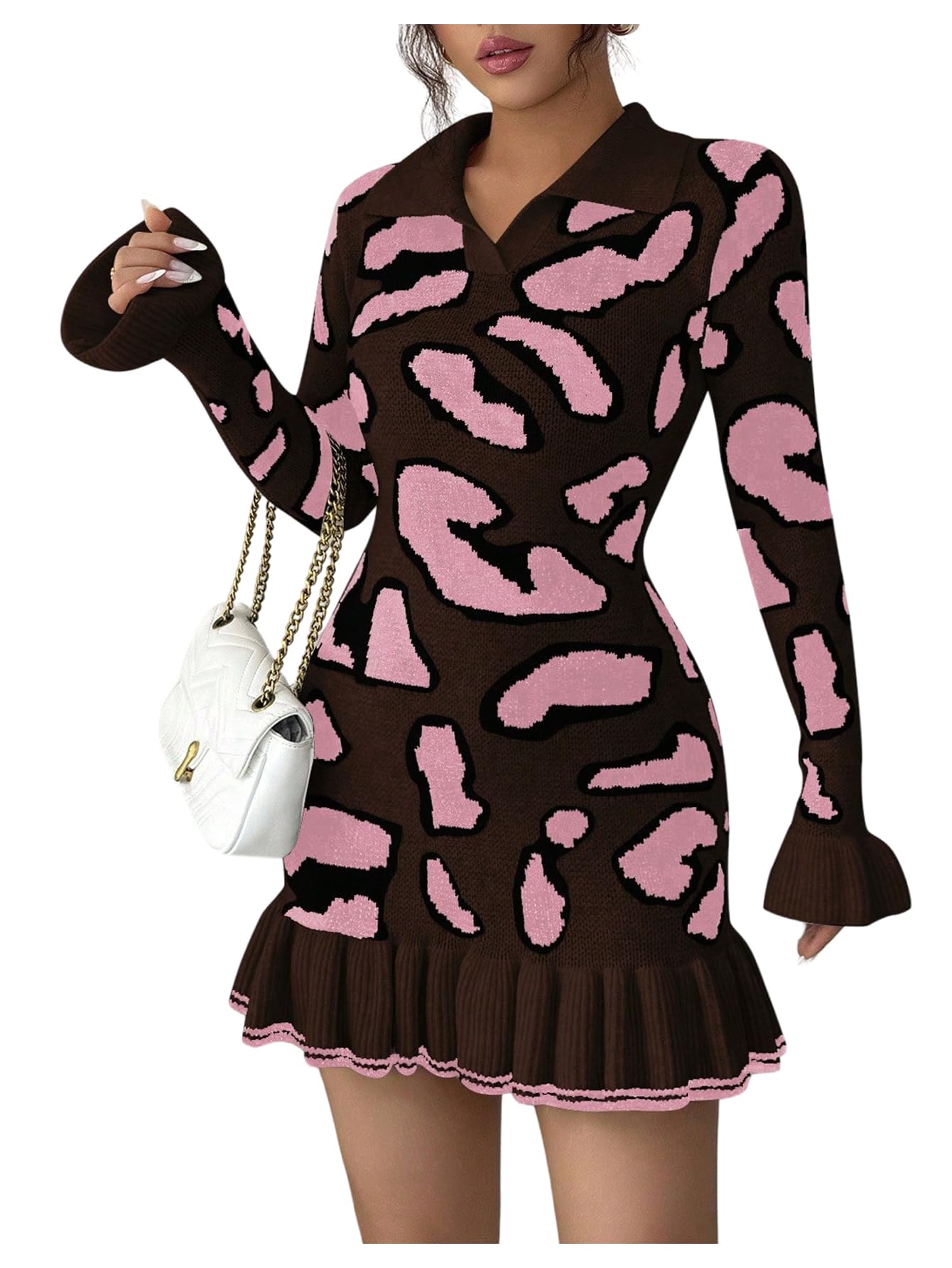 RoseSeek Women's Leopard Print Sweater Dress Cheetah Ruffle Hem Mini Dress