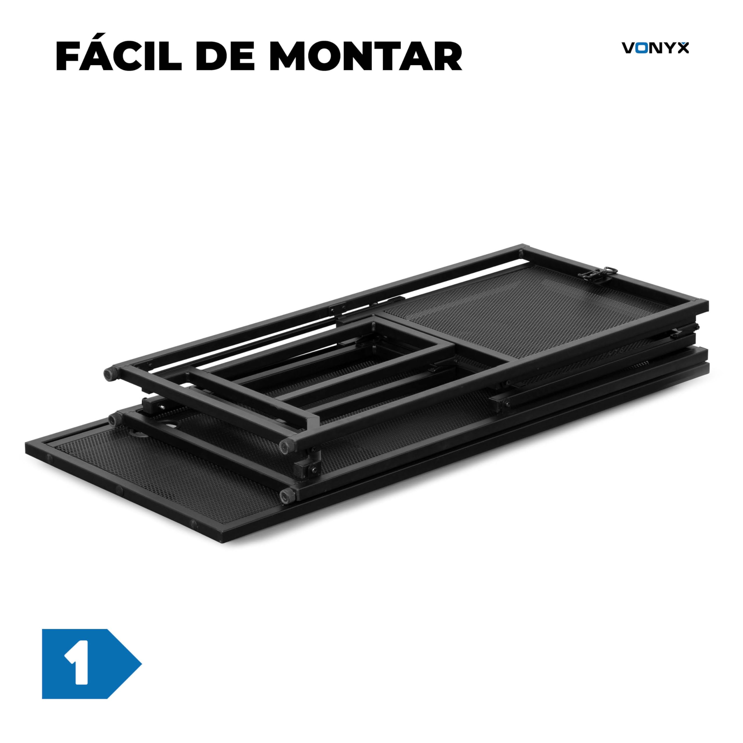 Vonyx DBF105 – Cabina DJ Plegable de 1 Metro con Estructura de Aluminio Fundas Lycra Blanca y Negra repisa Inferior pasacables y Bolsa de Transporte Resistente para DJs móviles