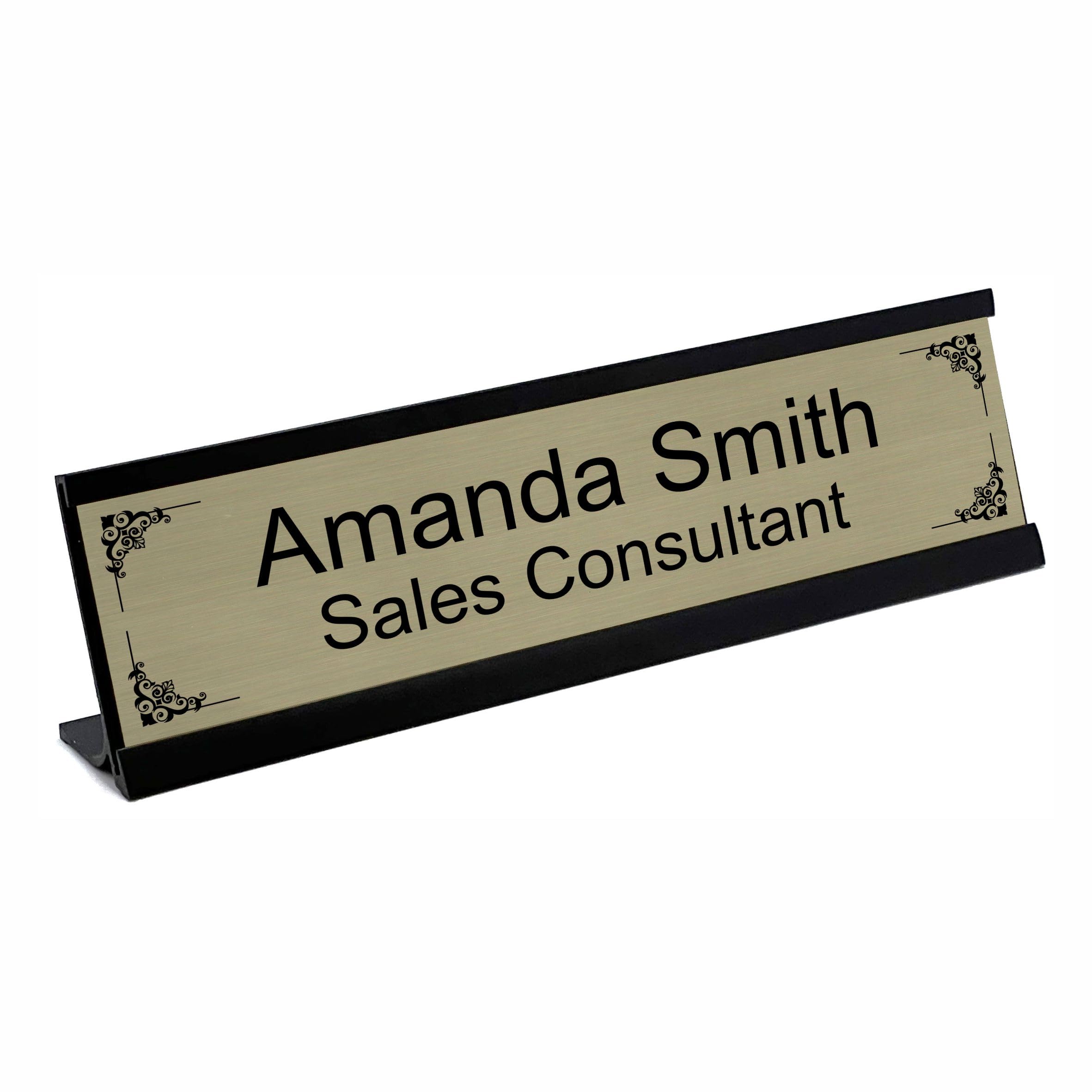 Personalised Office Desk Sign Black Name Plate Holder Custom Plaque Work Home Prestige - Style B