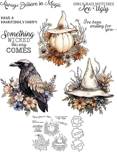 Juego de sellos transparentes y troqueles de corte de metal con diseño floral de bruja y flores de calabaza para hacer tarjetas, suministros de