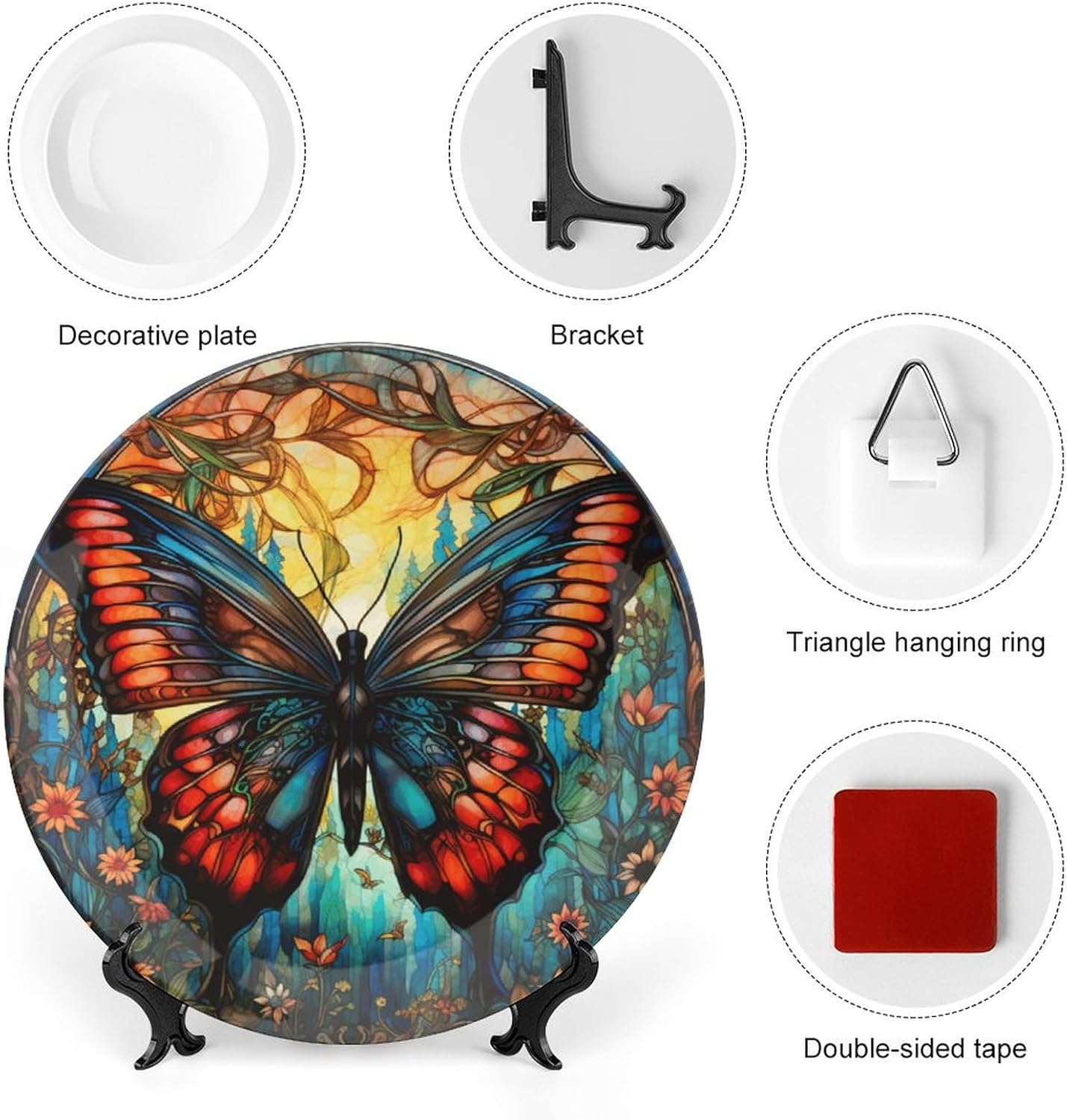 Decorative Plates, Mandala Butterfly Stained Glass Design Display Plate for Home Office Kitchen Table Decor Porcelain Plates 8 Inch, Gifts for Butterfly Lover