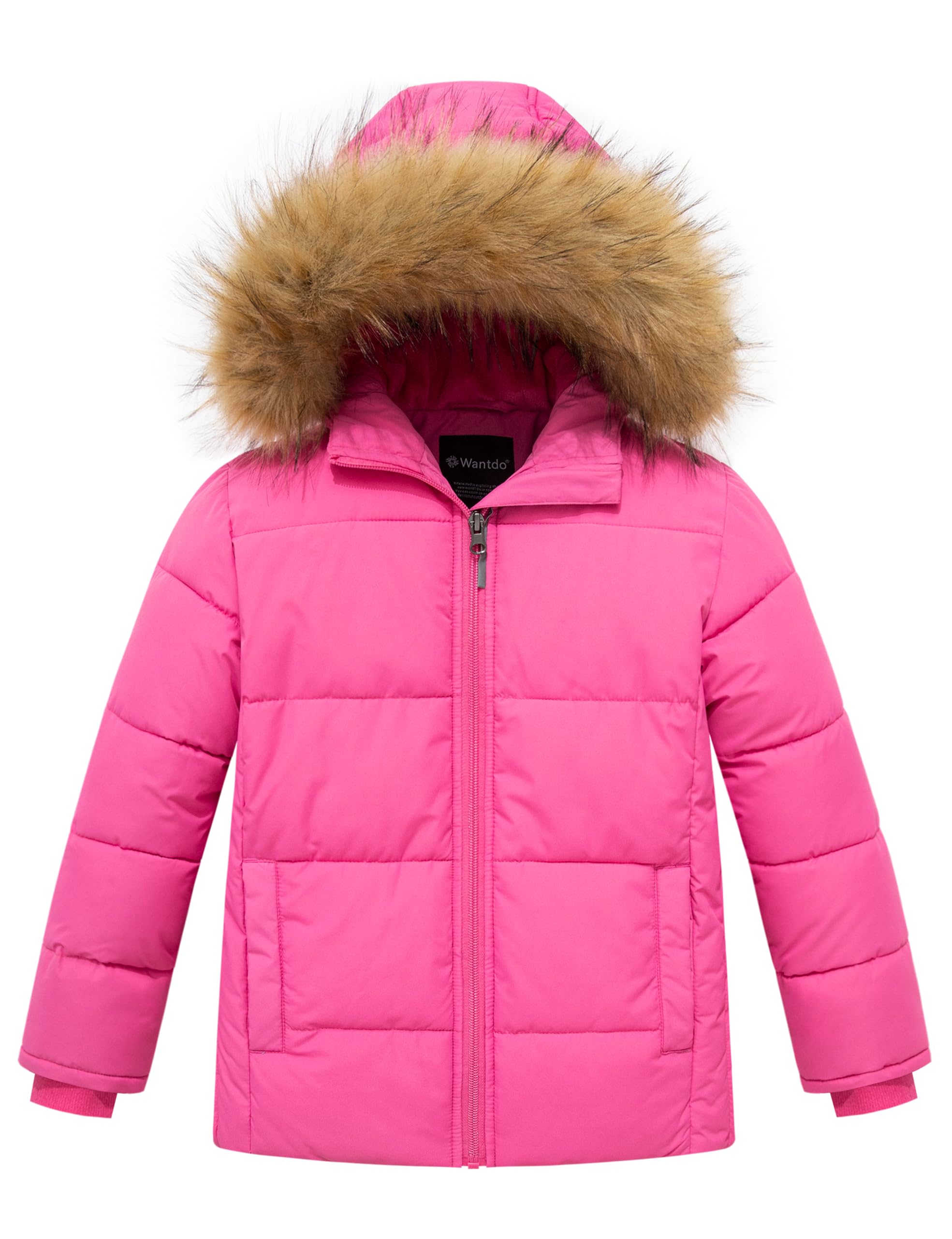 wantdo Girls' Windproof Winter Jackets Warm Padded Soft Puffer Coats with Faux Fur hood Pink 6-7
