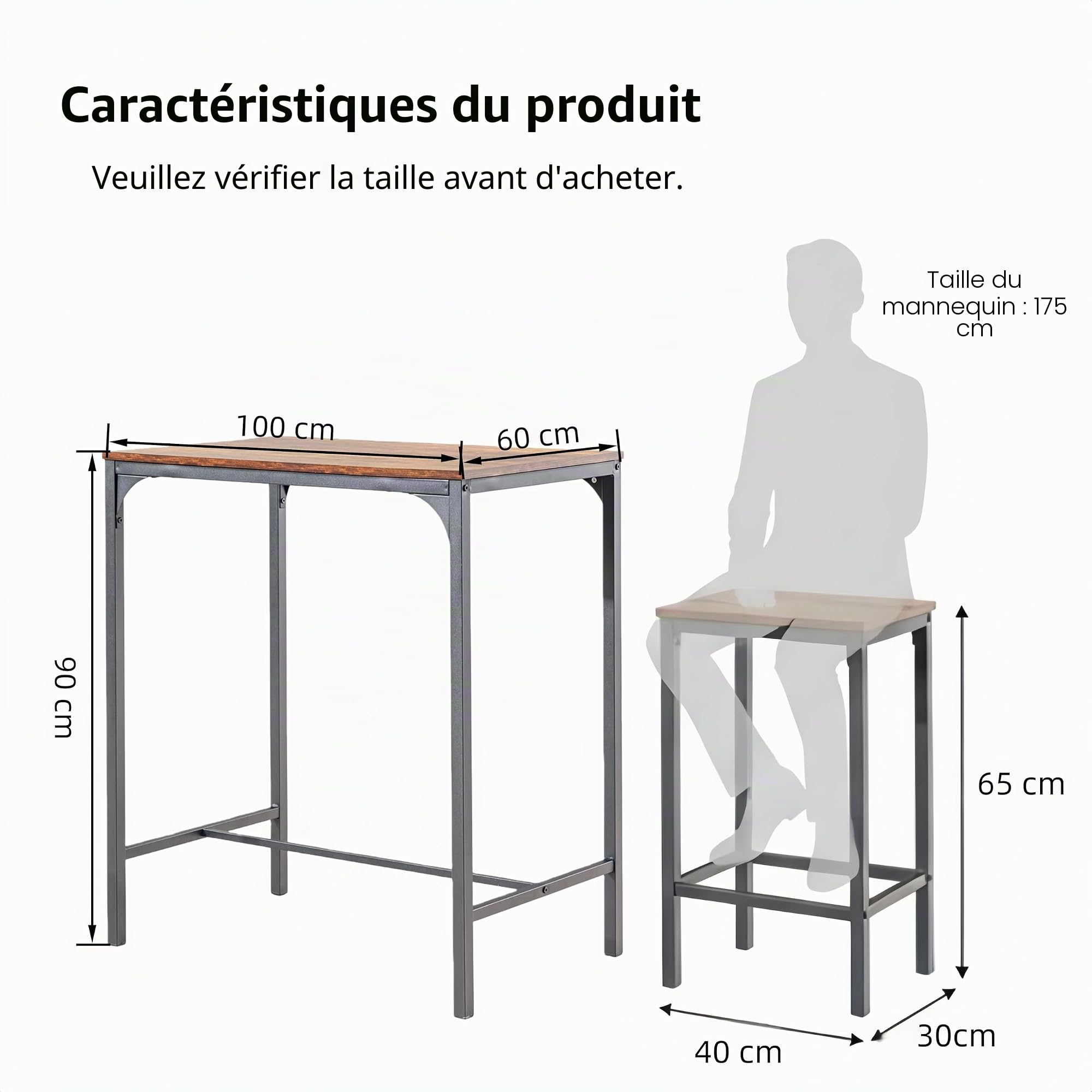 Table de Bar avec 4 Tabourets(30×40×65 cm), Ensemble Table Haute Cuisine 5 Pièces, Table Haute 100×60×90 cm, Structure en Métal et MDF, Convient aux Cuisines, Salons, Bars(Aspect Bois Vieilli)