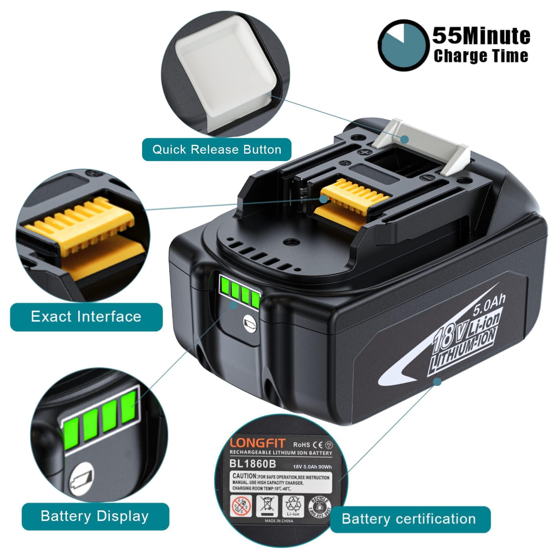 Confezione da 2 batterie di ricambio 18 V 5,0 Ah per Makita 18 V BL1860B BL1820B 1830B 1840B 1850B, compatibile con attrezzi Makita da 18 V, adatto per caricabatterie originale Makita da 18 V