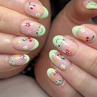24 PCS Press on Nails French Fake Nails Frog Fake Nails Flower Fake Nails Short Fake Nails Gifts for Women and Girls (No.92)