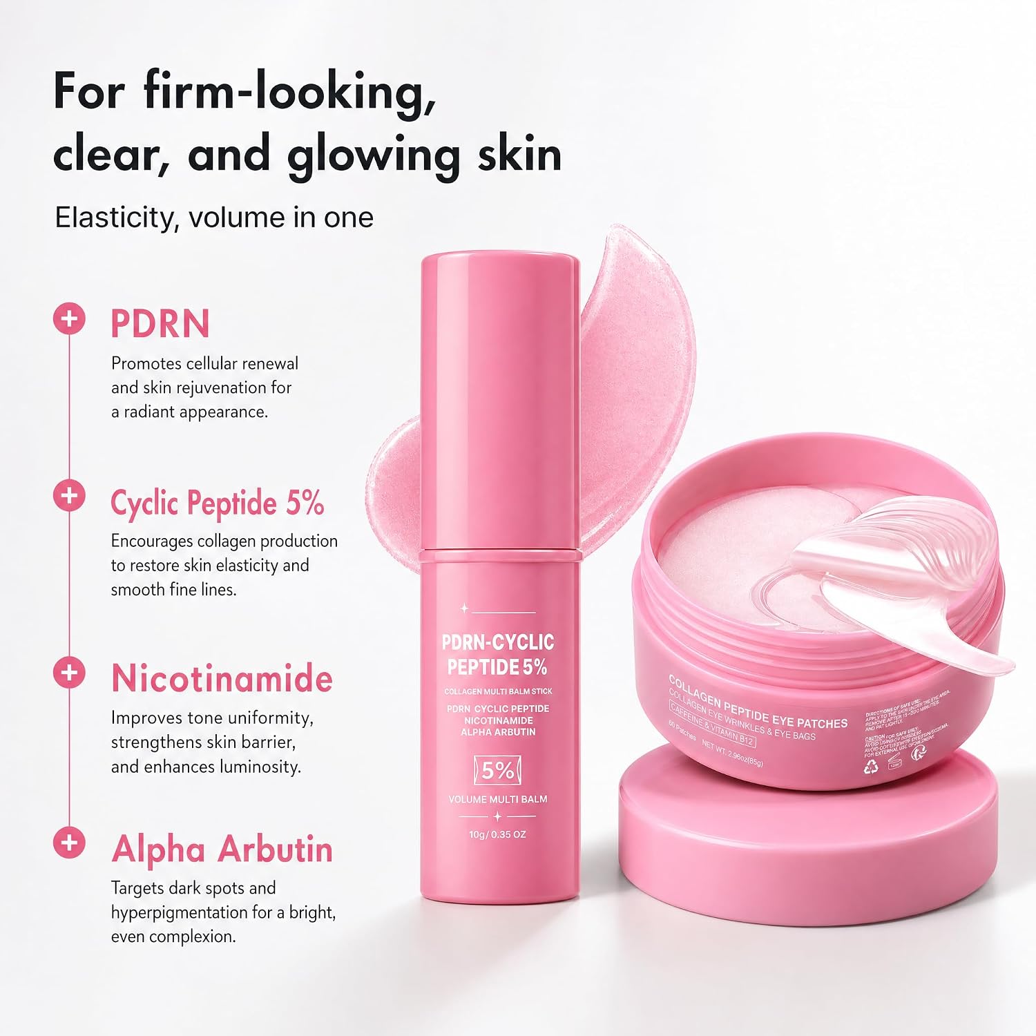 PDRN Collagen Balm Stick & Under Eye Patches Set with Retinol & Caffeine and Pink B12, for Dark Circles, Fine Lines & Puffiness