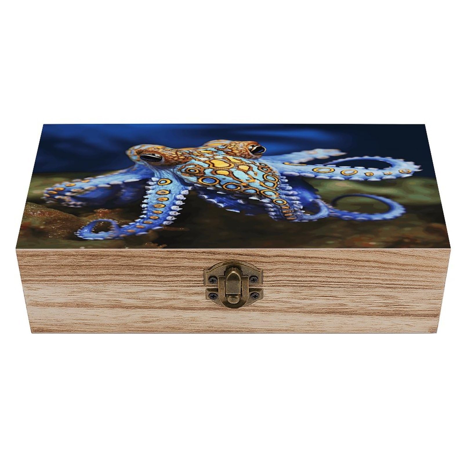 FekiLoot Blue Ringed Octopus Wooden Box with Hinged Lid Vintage Storage Box Beautifully Wood Keepsake Boxes Jewellery Organiser & Trinket Holder Unique Gift Ideas for Men & Women