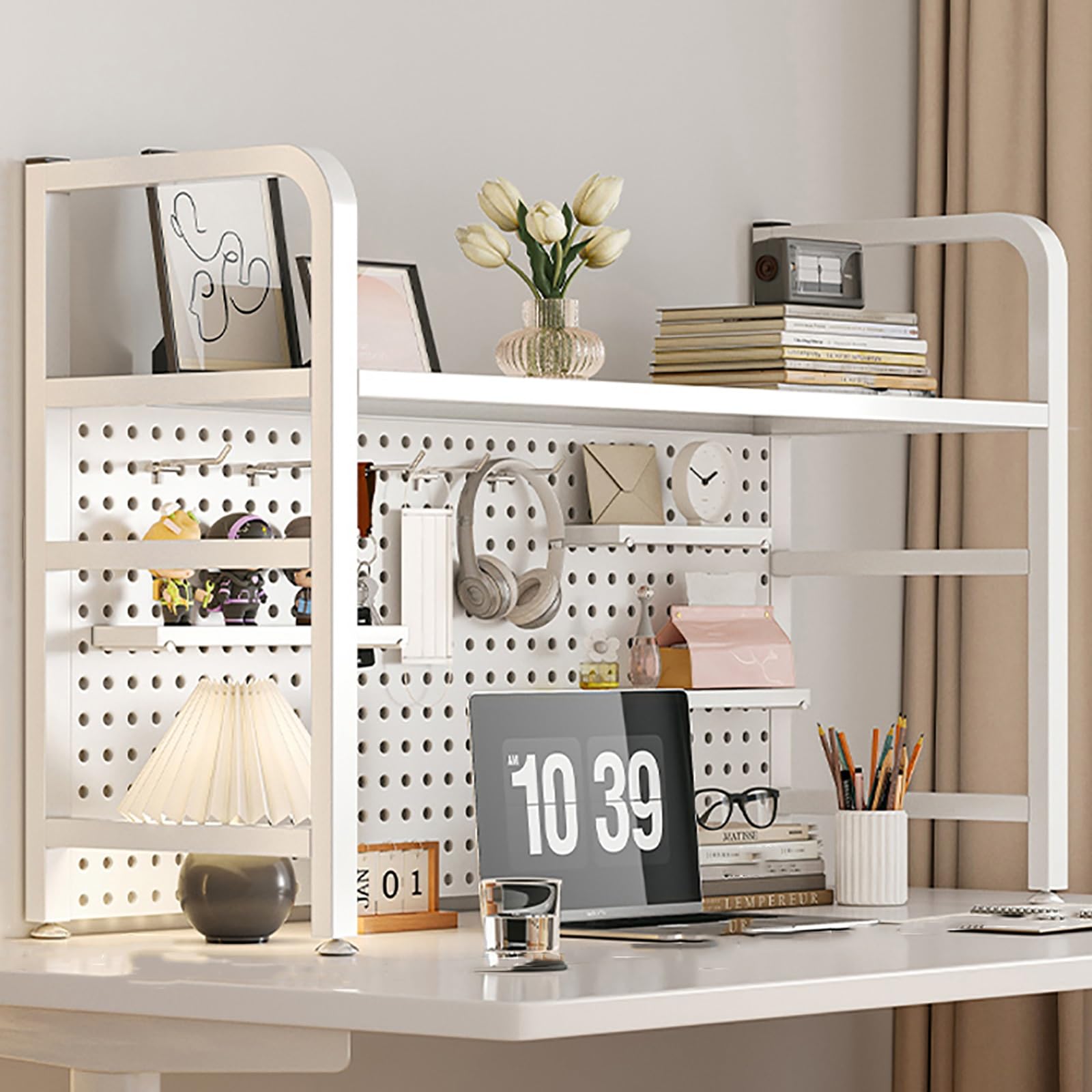 CHBMZ Desk Extender, Desk Organizer Shelf, Peg Doard Display Stan, Load Bearing Capacity 50kg/110lb, Desk Extender Pegboard Workstation, for Table Accessories(Bianco,95x68x20cm/37x27x8in)