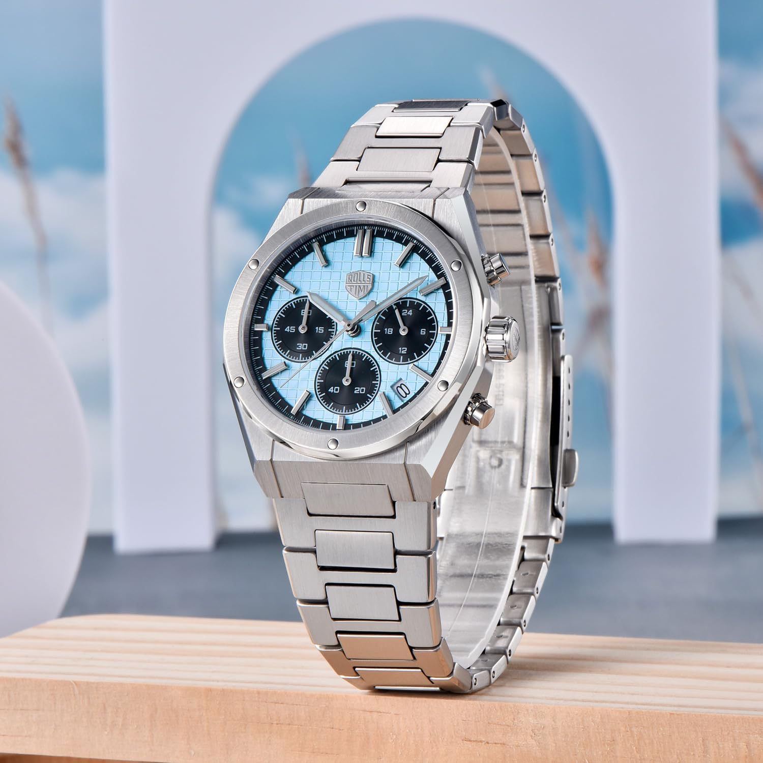 Men's Stainless Steel Chronograph Watch with Sapphire Glass - 39mm Silver Dial, Japanese TMI VK63 Quartz Movement,100M Waterproof,Fold-Over Clasp, Casual/Sporty Design​​