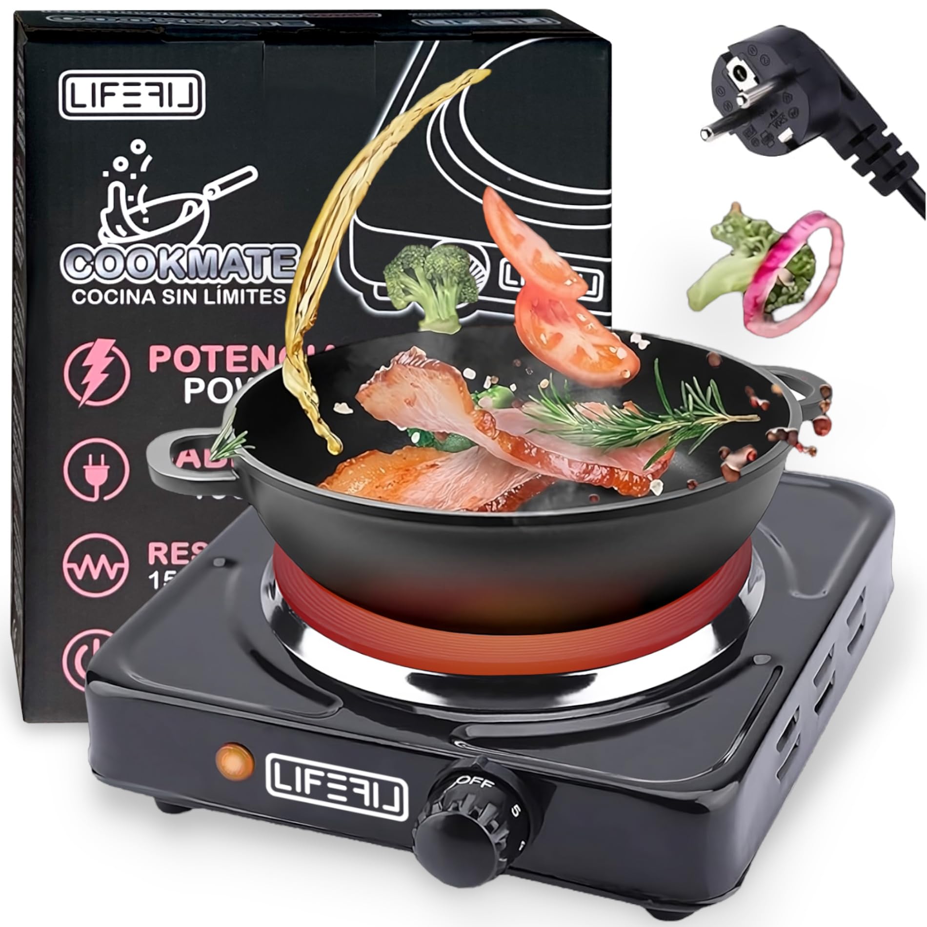 Fornello elettrico portatile per cottura CookMate 1000 W. Piastra per alimenti ad alta potenza, ideale per campeggio, terrazza, roulotte. Adatto a tutte le padelle. Nero