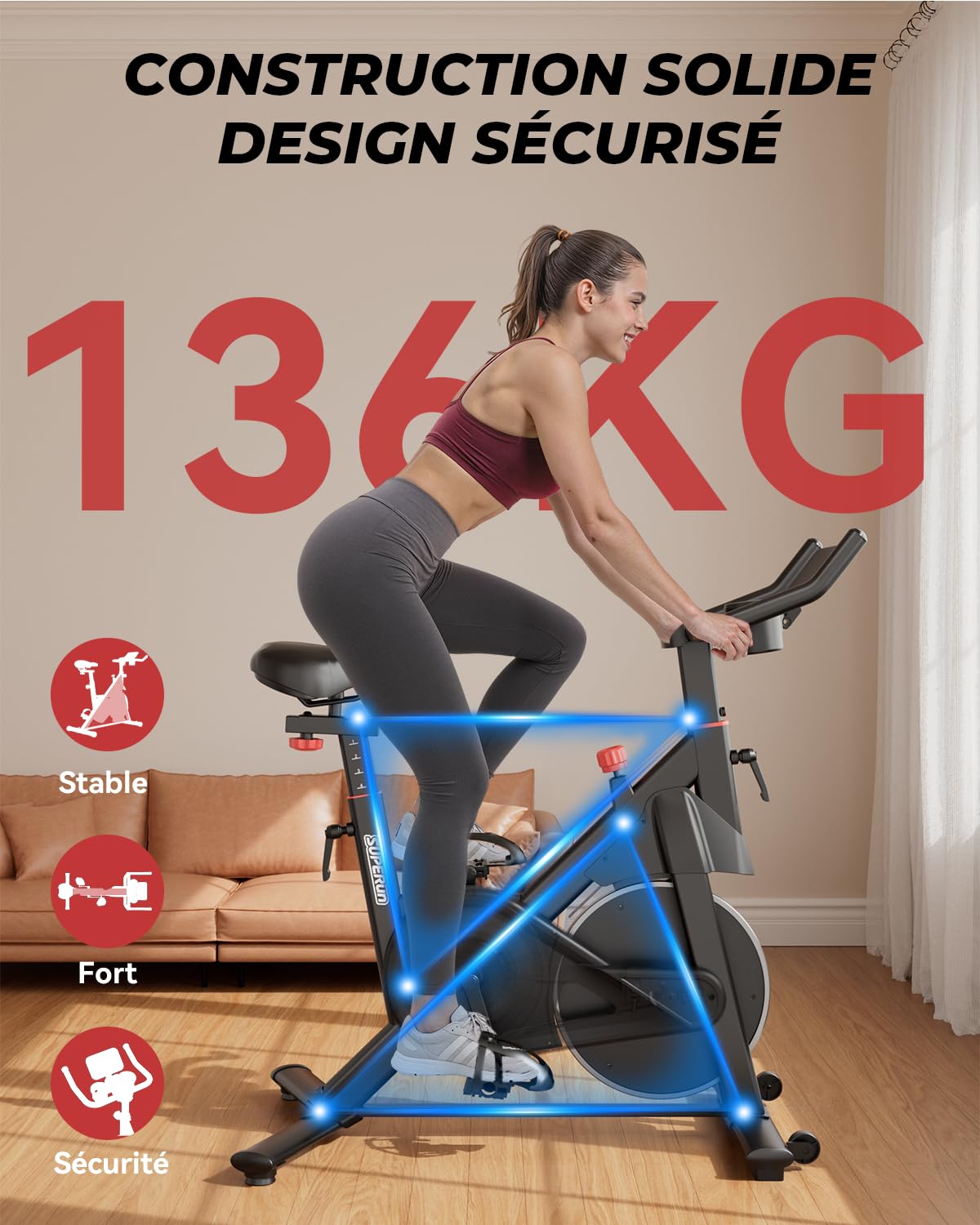 Superun Vélo d'Appartement 32 Niveaux Résistance Magnétique Connecté APP Charge Max 136KG