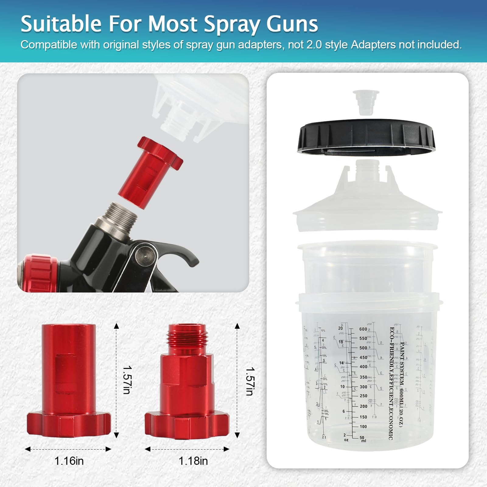 Ensemble de Godets de Peinture 600ML pour Pistolets HVLP/LVLP, Gobelet Réutilisable avec Graduation, mit Gobelets Jetables, Filtres, Bouchons, Entonnoir, Adaptateurs et Mélangeurs en Bois