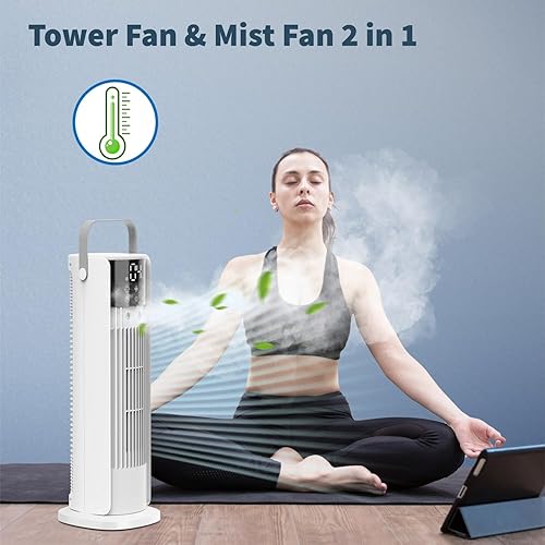 Miniatura 2 de Ventilador de torre nebulizadora de 16 pulgadas, tanque de 27.6 fl oz, ventilador oscilante de 90 con control remoto, ventilador de escritorio sin